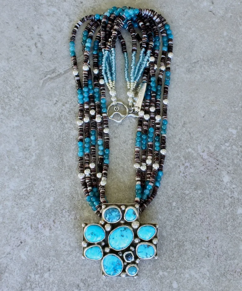 10-Stone Castle Dome Turquoise and Sterling Silver Pendant with 5 Strands of Apatite, Olive Shell Heishi and Sterling Silver