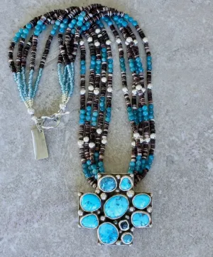 10-Stone Castle Dome Turquoise and Sterling Silver Pendant with 5 Strands of Apatite, Olive Shell Heishi and Sterling Silver