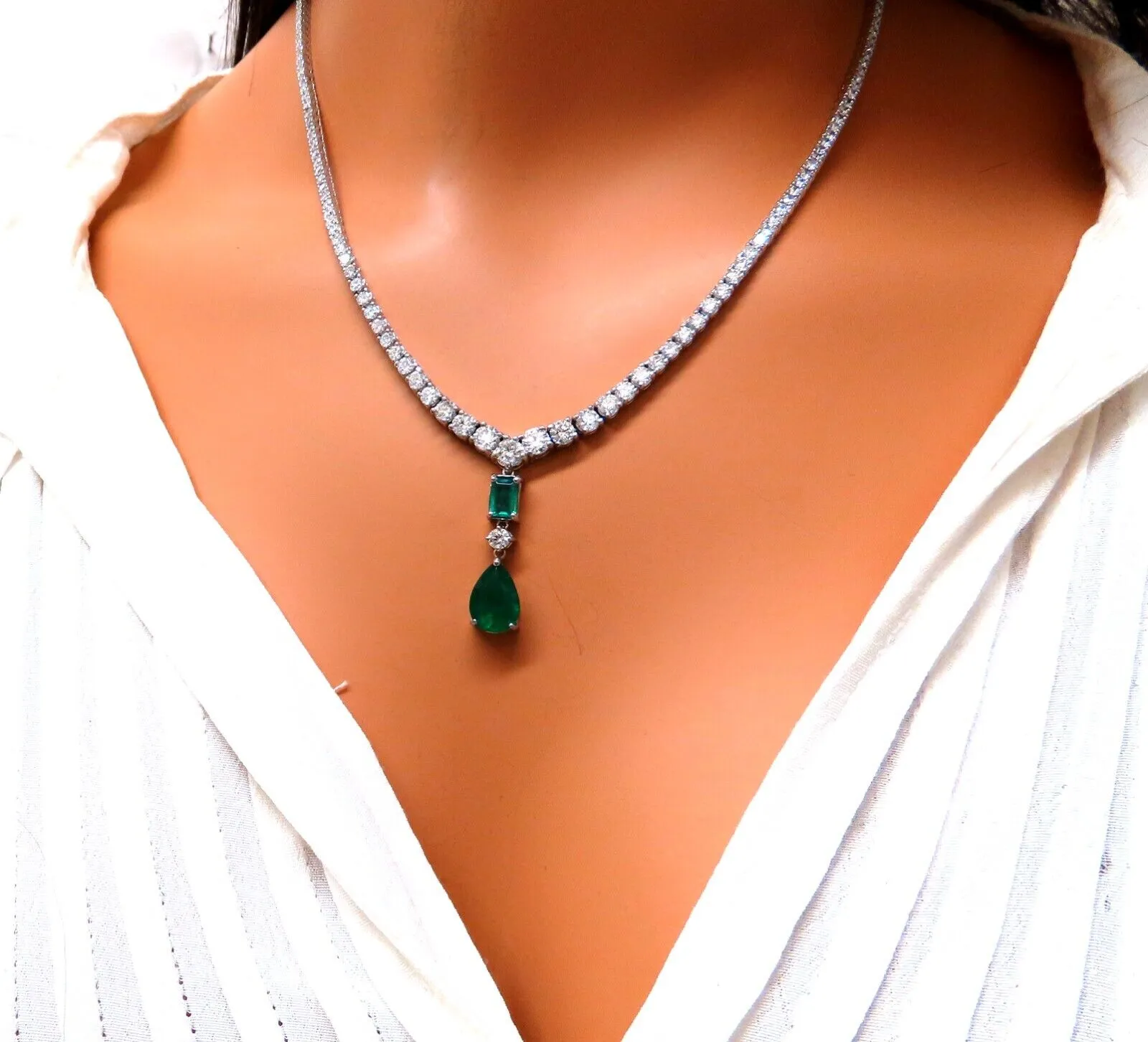 14.47ct Natural Emerald Diamonds Necklace 14kt Dangle Riviera Graduated