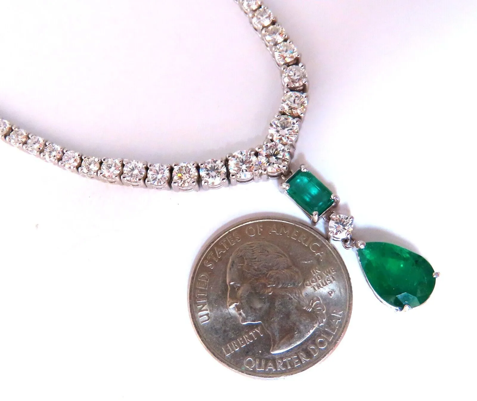 14.47ct Natural Emerald Diamonds Necklace 14kt Dangle Riviera Graduated