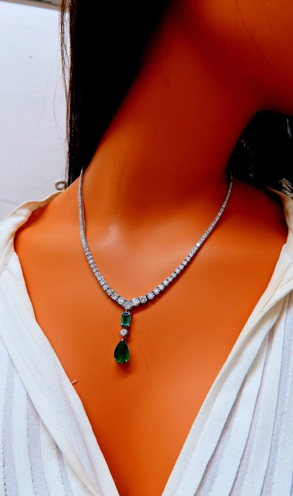 14.47ct Natural Emerald Diamonds Necklace 14kt Dangle Riviera Graduated