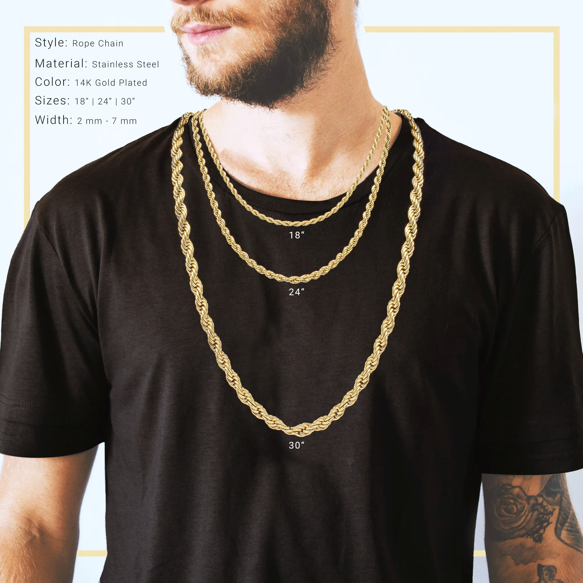 14K Gold Plated Rope Chain Twisted Link Necklace for Men 18" 20" 24" 30" Length | 2 mm - 7 mm Width