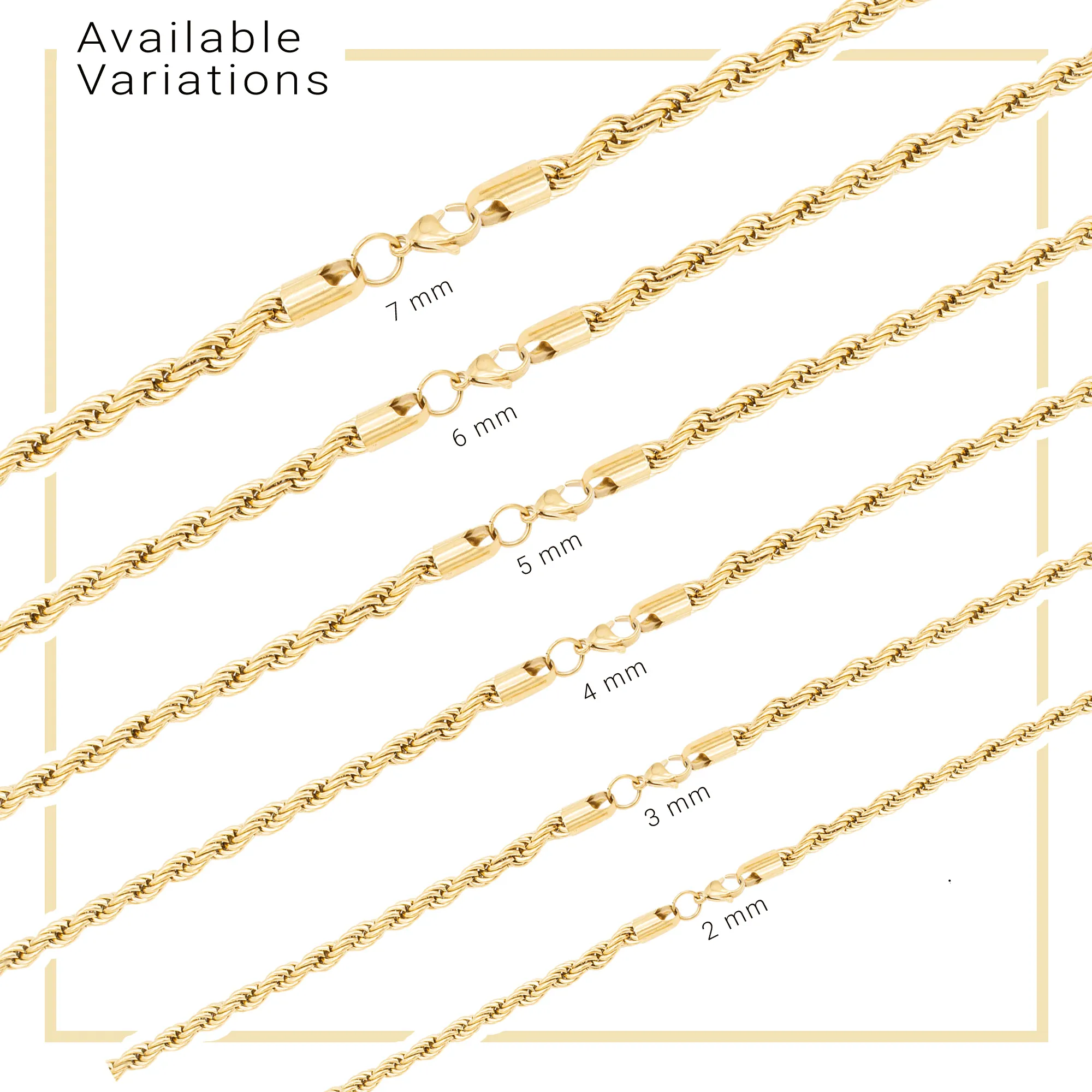 14K Gold Plated Rope Chain Twisted Link Necklace for Men 18" 20" 24" 30" Length | 2 mm - 7 mm Width