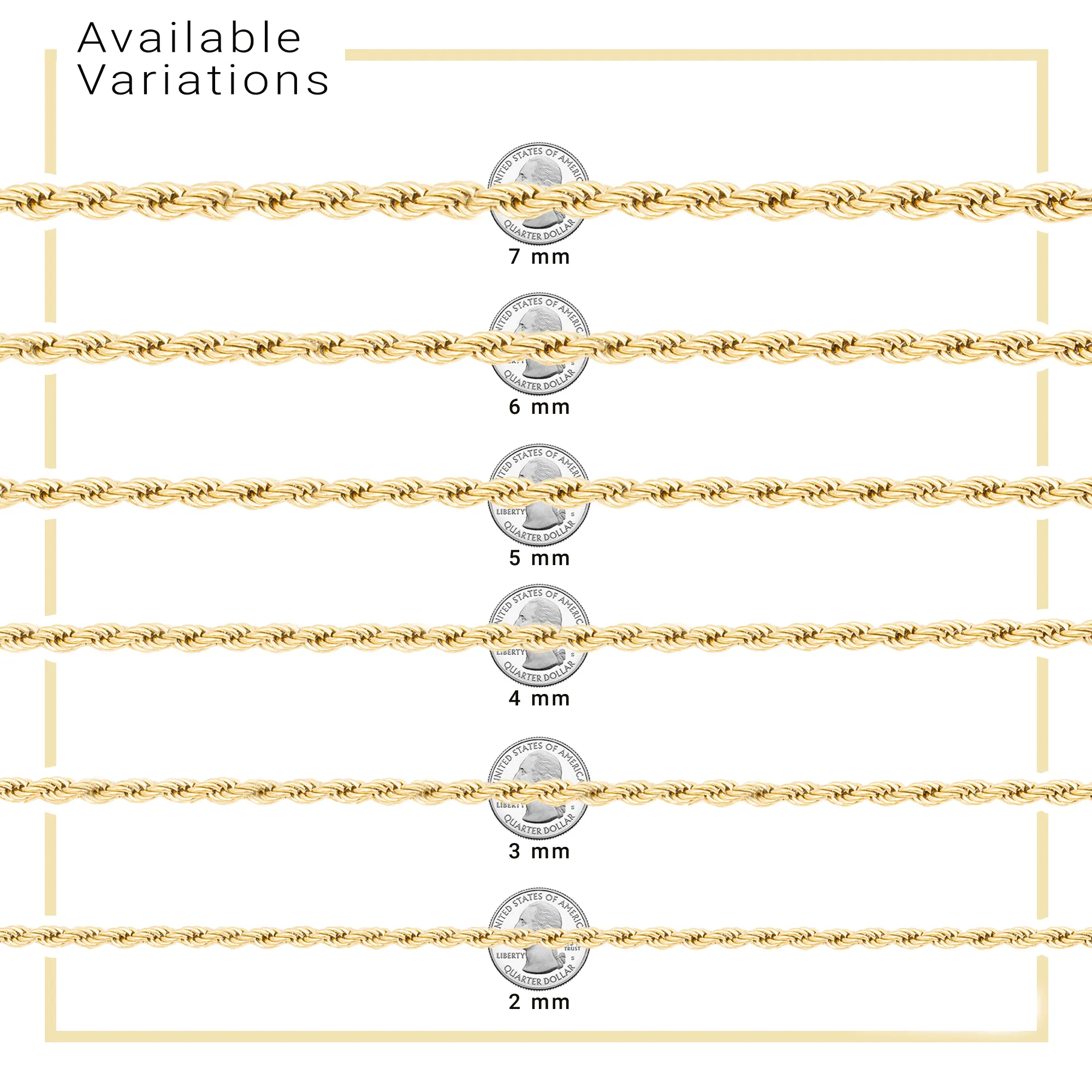 14K Gold Plated Rope Chain Twisted Link Necklace for Men 18" 20" 24" 30" Length | 2 mm - 7 mm Width