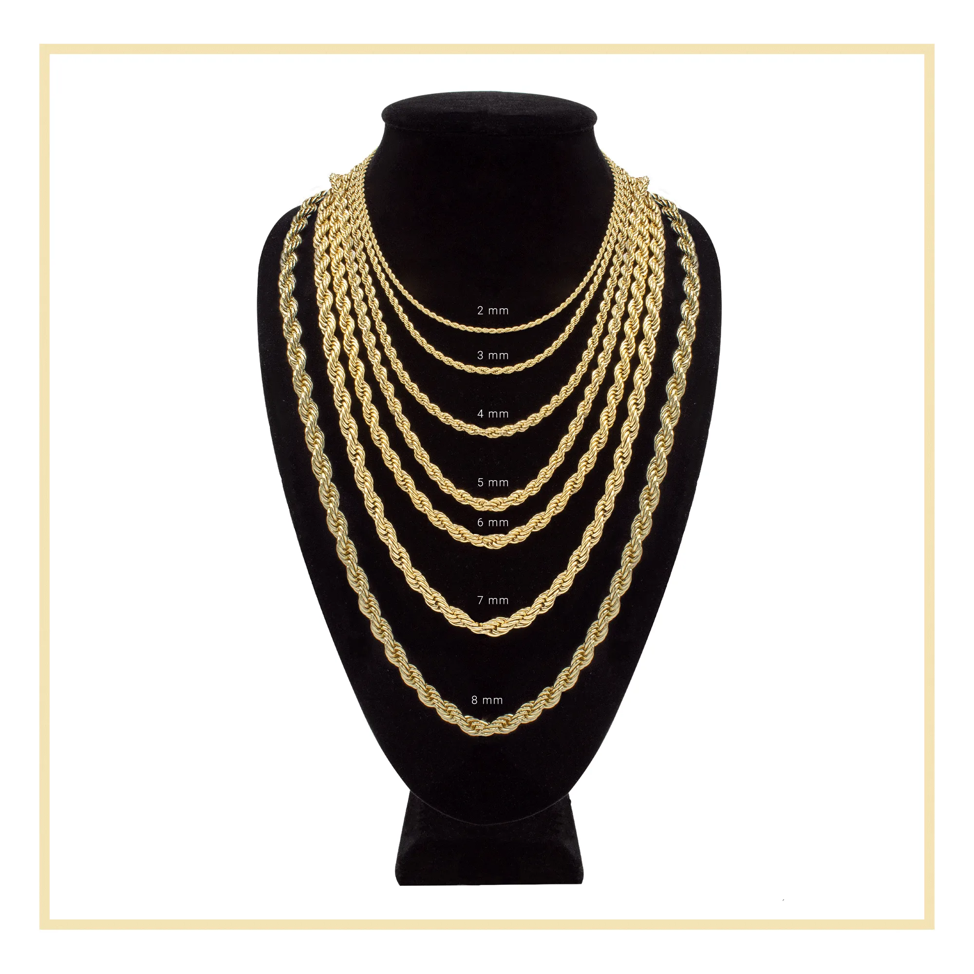 14K Gold Plated Rope Chain Twisted Link Necklace for Men 18" 20" 24" 30" Length | 2 mm - 7 mm Width