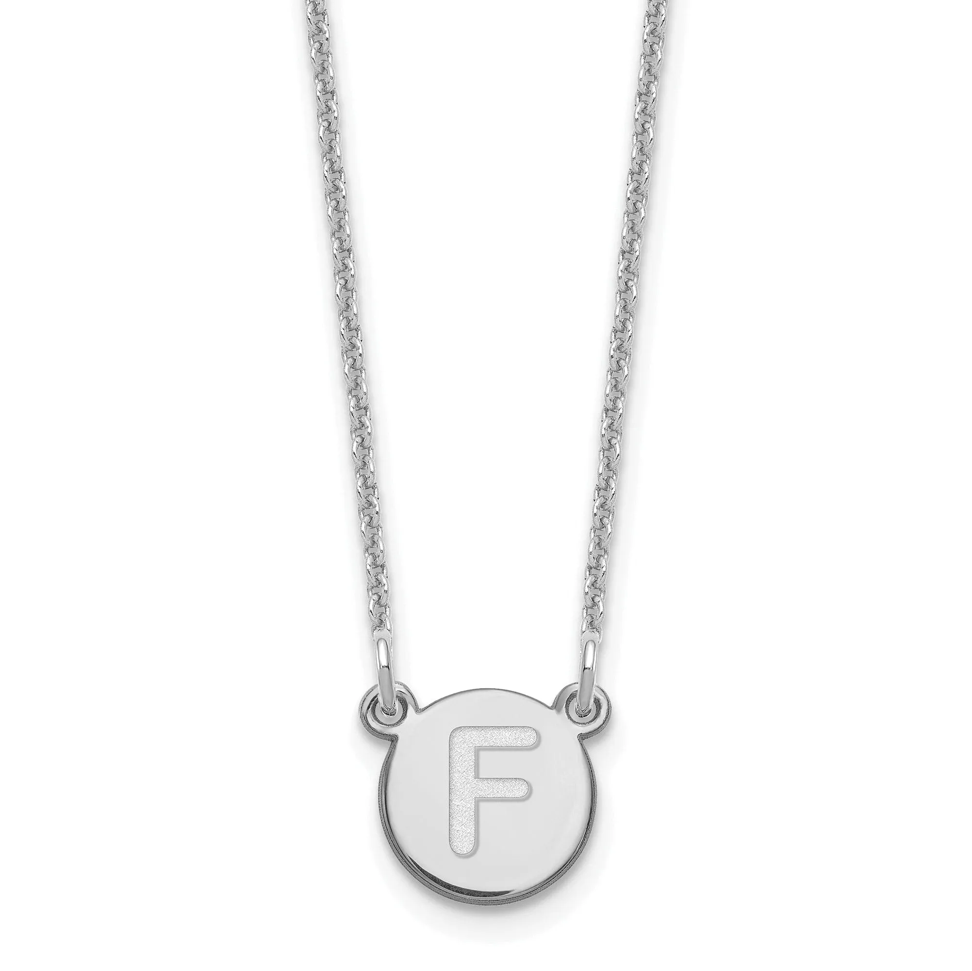 14k White Gold Tiny Circle Block Letter F Initial Pendant and Necklace