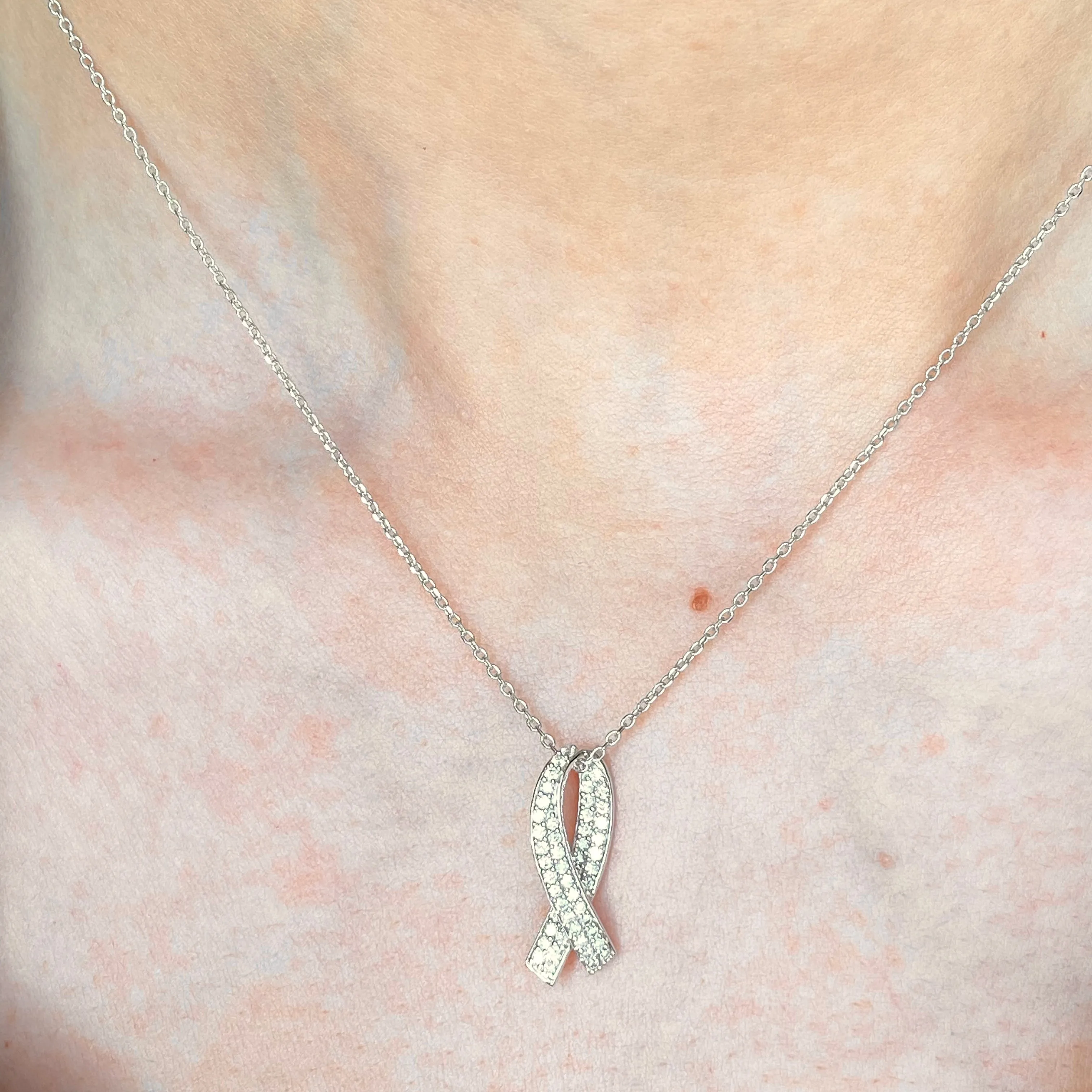 14KT White Gold Pave Diamond Breast Cancer Awareness Ribbon Pendant
