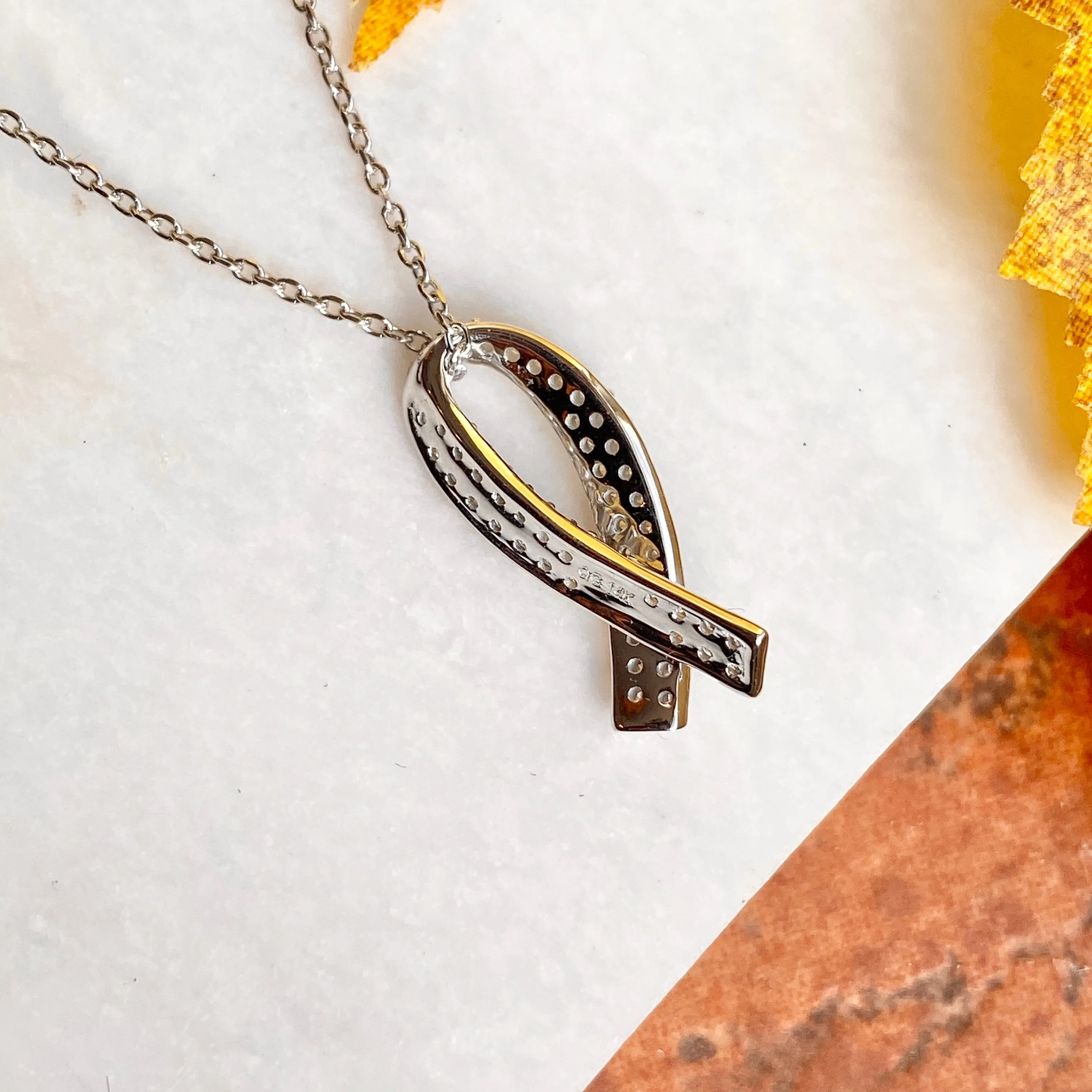 14KT White Gold Pave Diamond Breast Cancer Awareness Ribbon Pendant