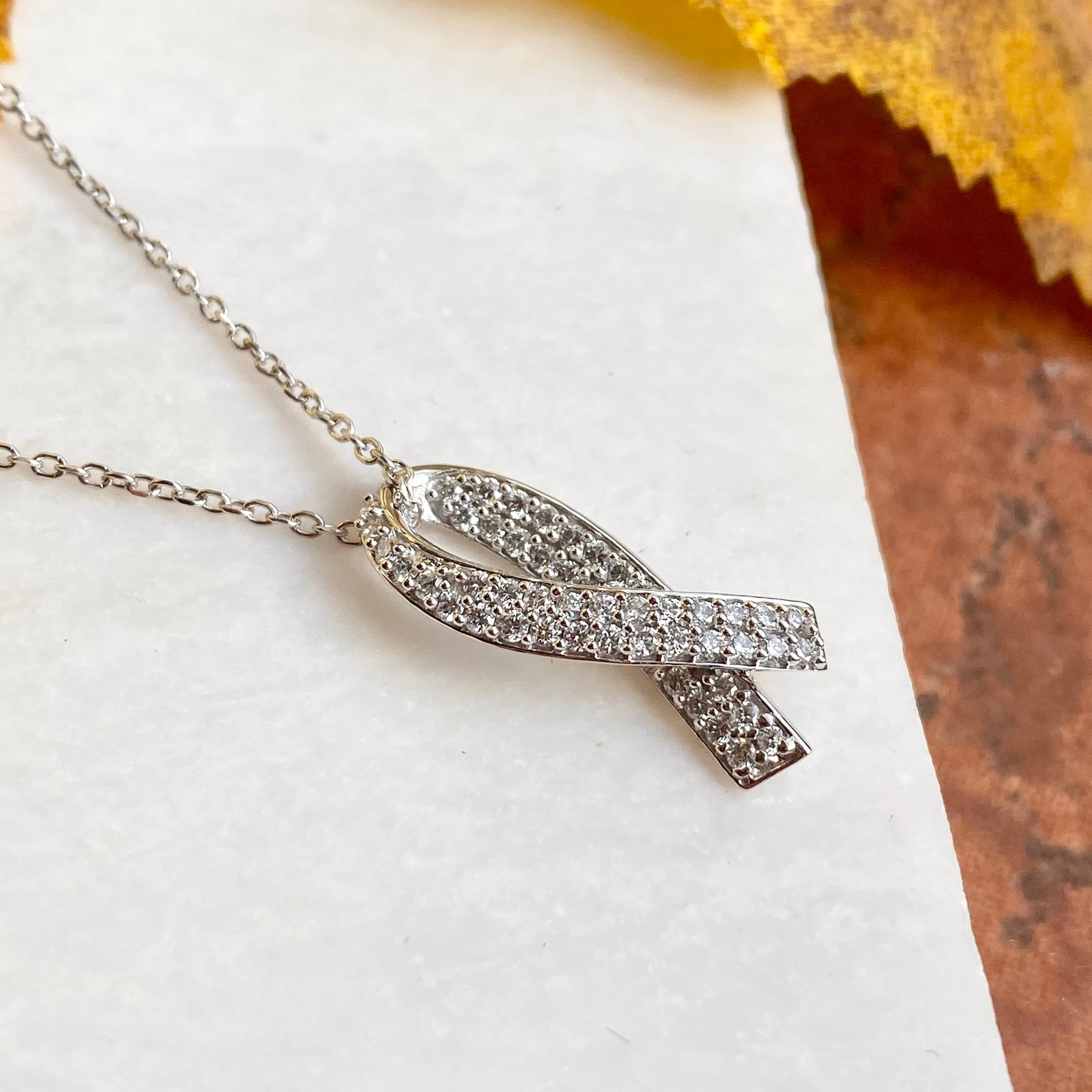 14KT White Gold Pave Diamond Breast Cancer Awareness Ribbon Pendant