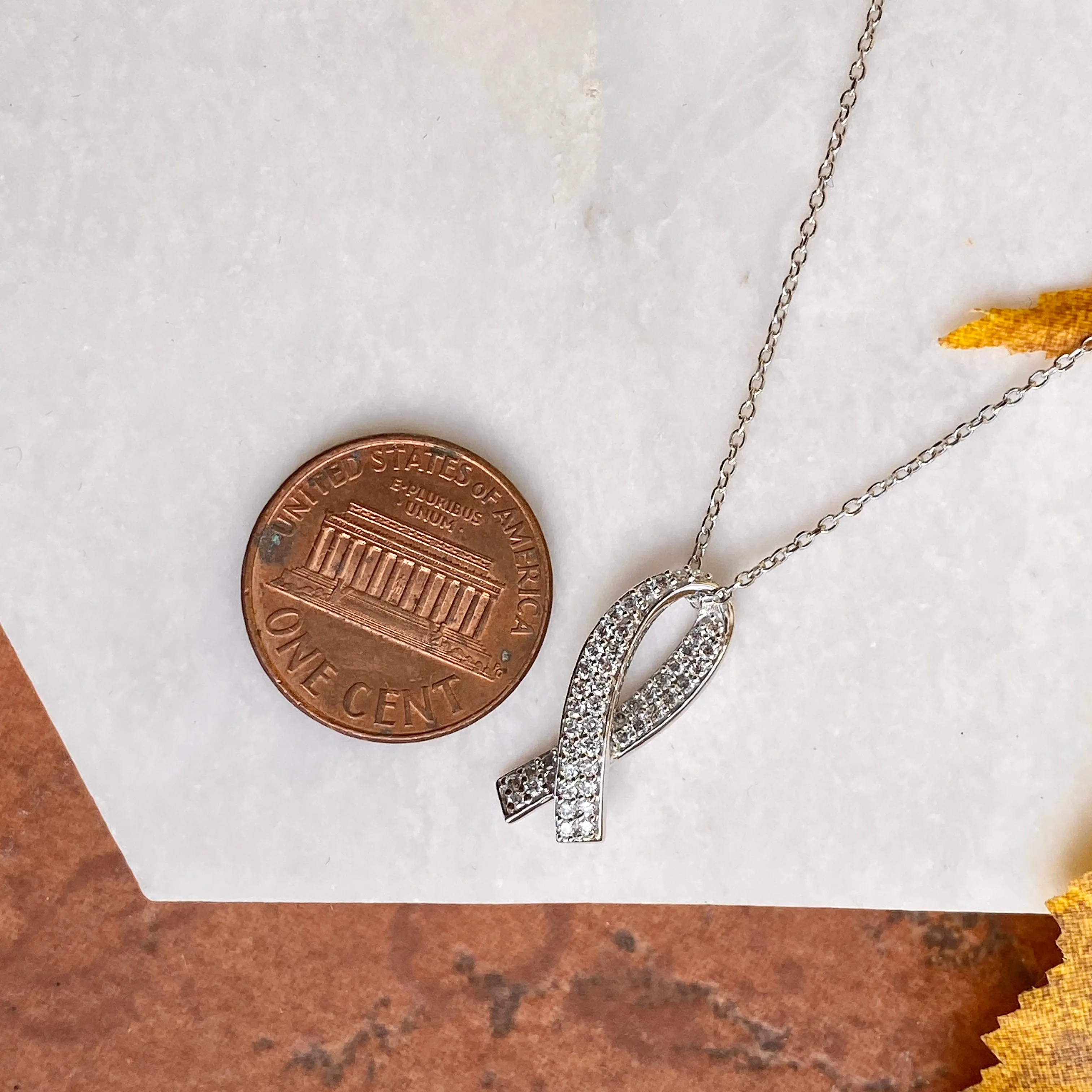 14KT White Gold Pave Diamond Breast Cancer Awareness Ribbon Pendant