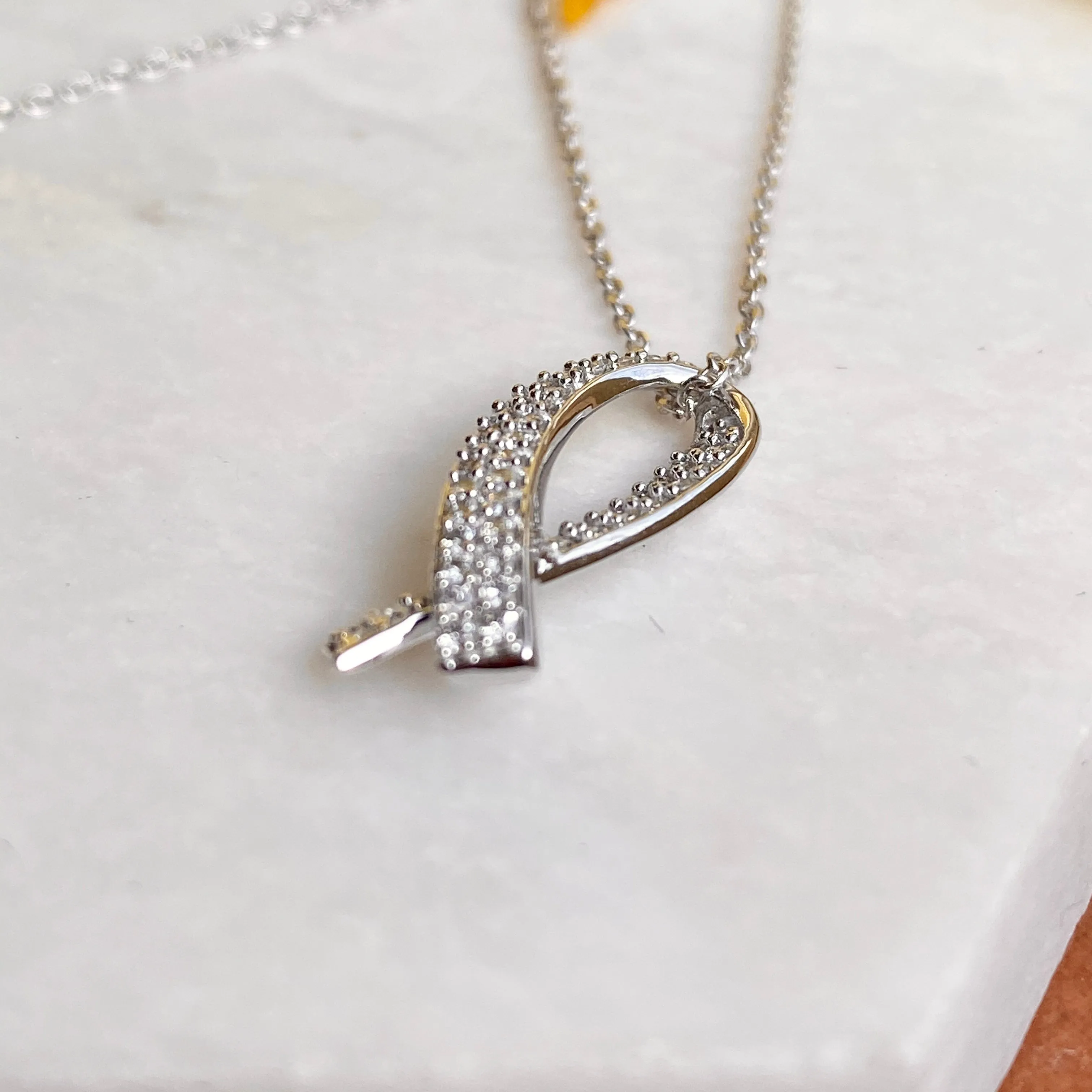 14KT White Gold Pave Diamond Breast Cancer Awareness Ribbon Pendant