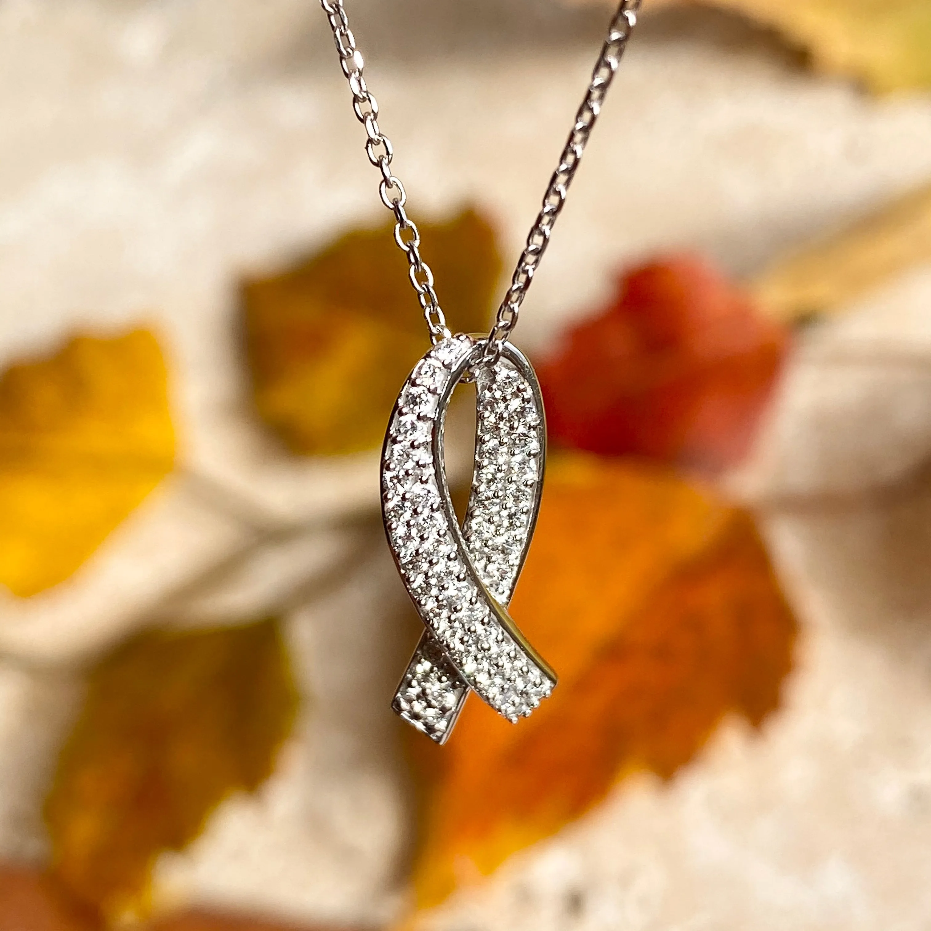 14KT White Gold Pave Diamond Cancer Awareness Ribbon Pendant Necklace