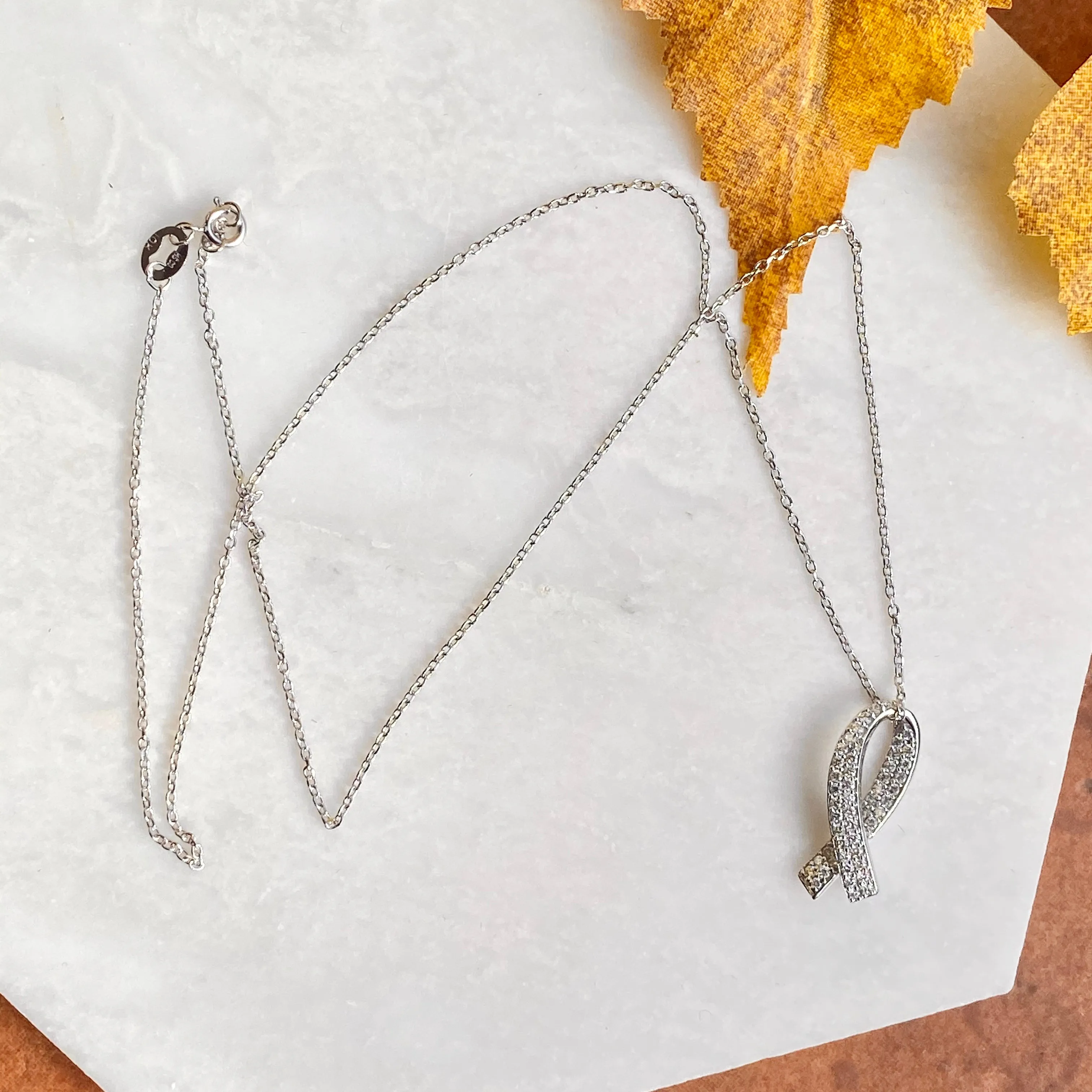 14KT White Gold Pave Diamond Cancer Awareness Ribbon Pendant Necklace