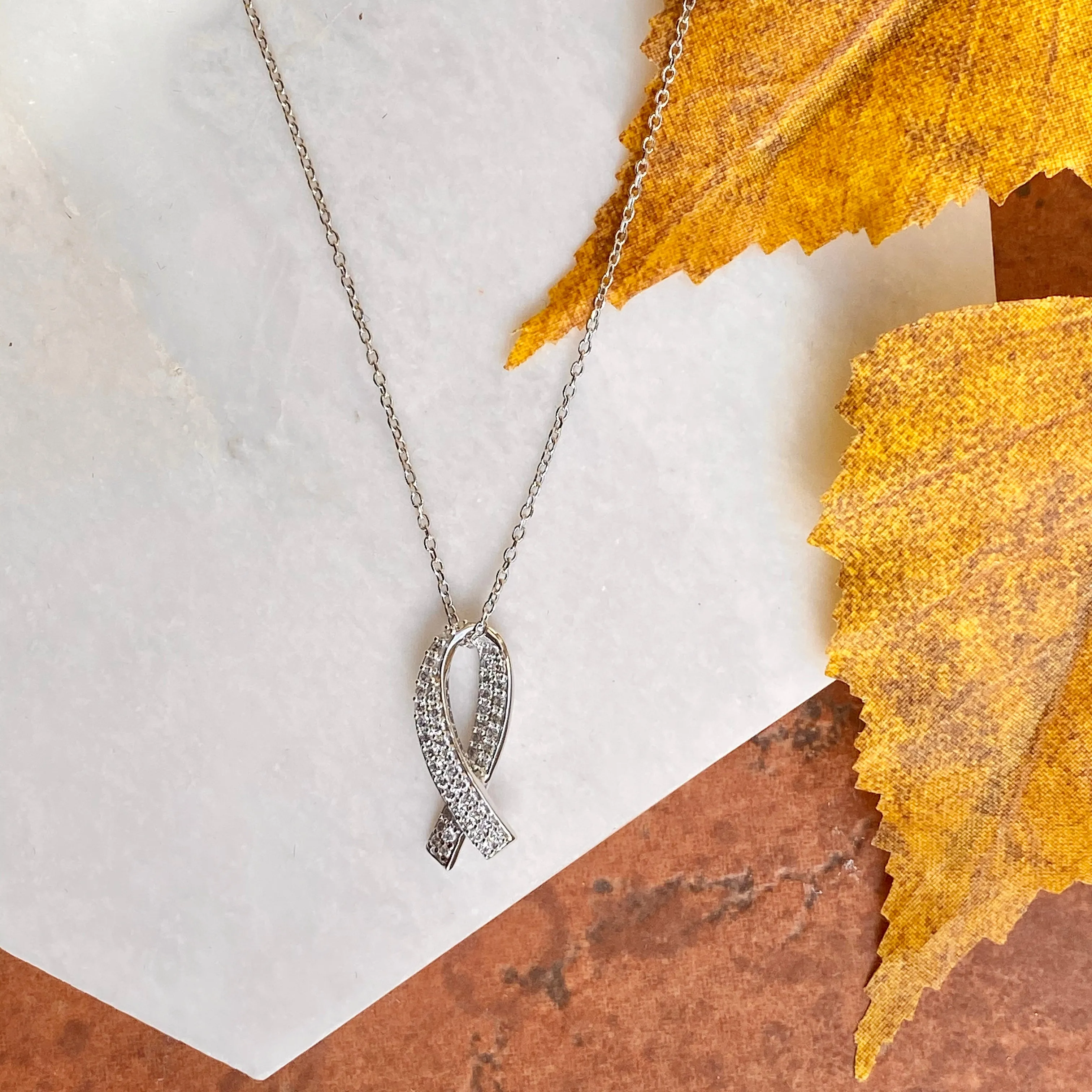 14KT White Gold Pave Diamond Cancer Awareness Ribbon Pendant Necklace