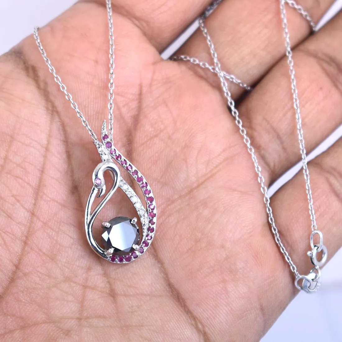 1.50 Ct Certified Black Diamond Swan Pendant with Ruby & White Stones Accents. Beautiful Unique Collection