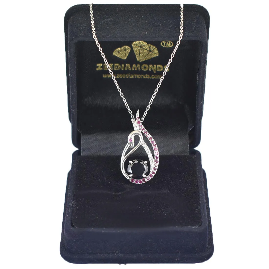 1.50 Ct Certified Black Diamond Swan Pendant with Ruby & White Stones Accents. Beautiful Unique Collection