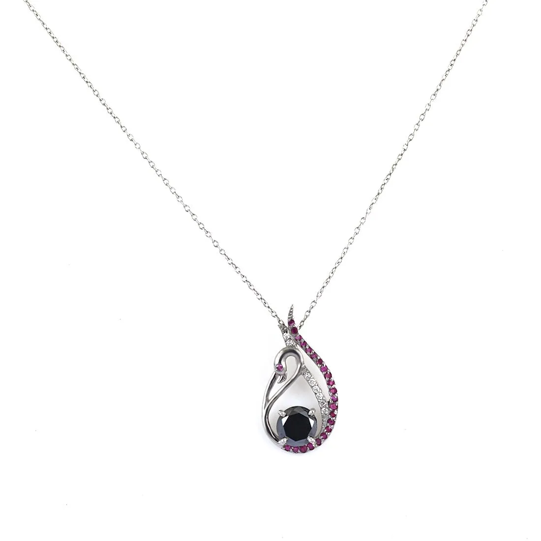 1.50 Ct Certified Black Diamond Swan Pendant with Ruby & White Stones Accents. Beautiful Unique Collection