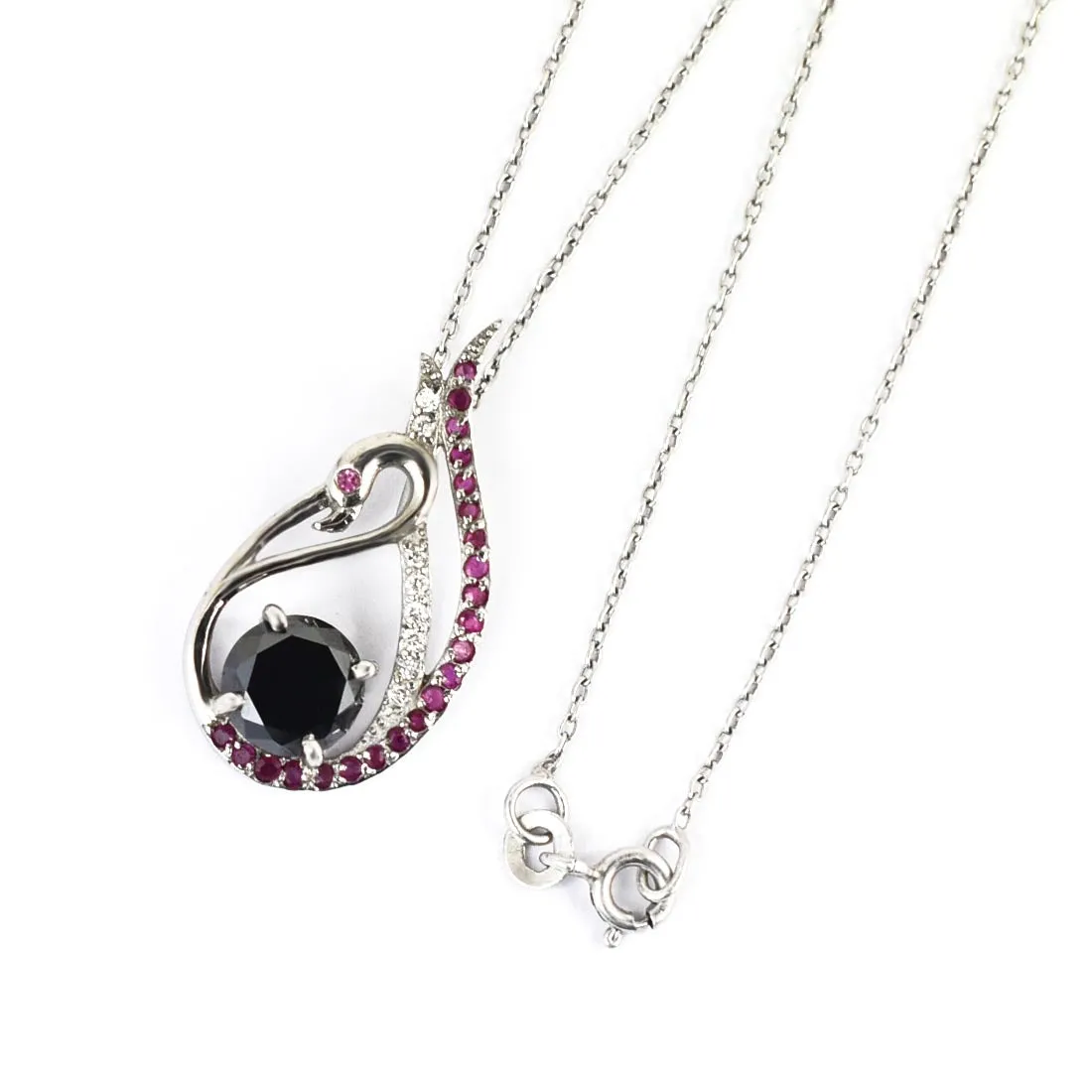 1.50 Ct Certified Black Diamond Swan Pendant with Ruby & White Stones Accents. Beautiful Unique Collection