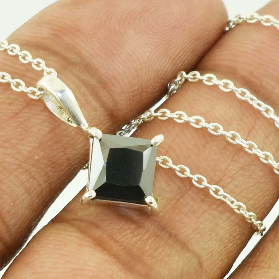 1.50 Ct Certified Princess Cut Black Diamond Solitaire Pendant in Prongs, Great Sparkle