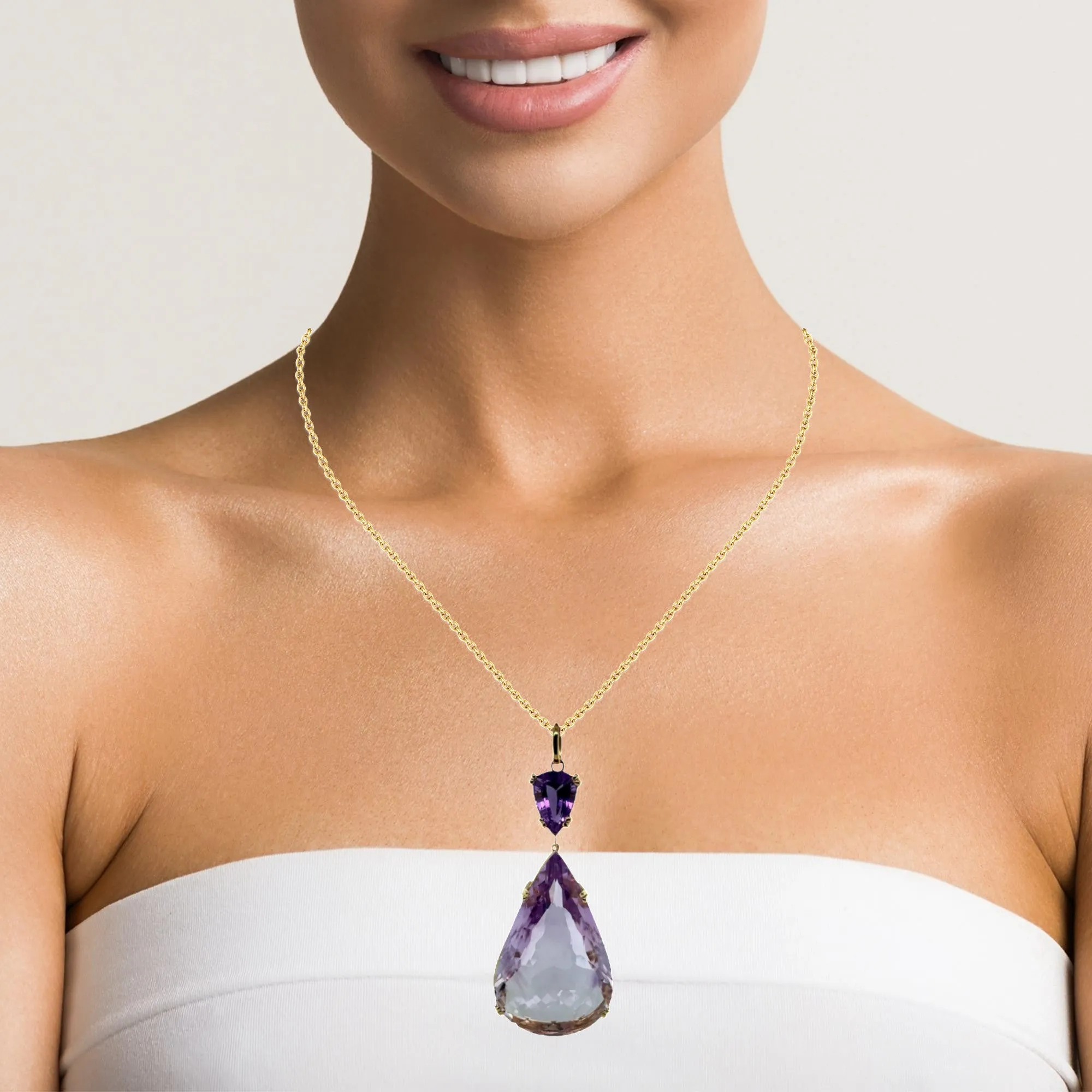 151 Carat Pear Shaped Rose De France Amethyst Pendant in Yellow Gold