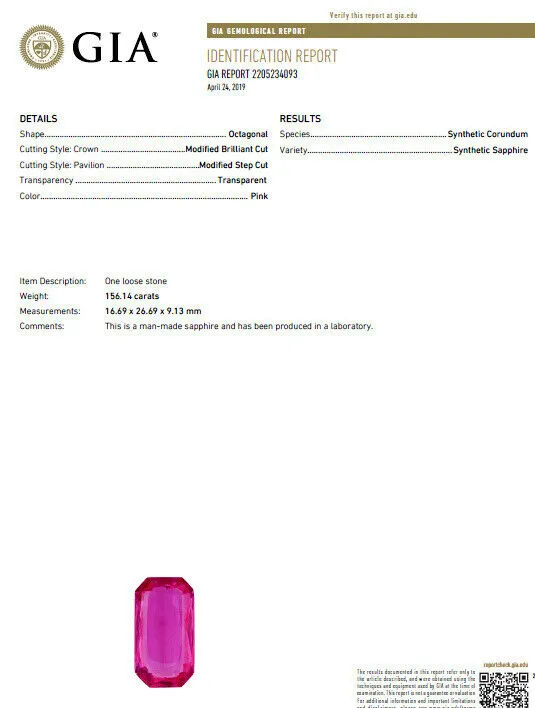 156ct GIA Certified Lab Pink Sapphire necklace 14kt