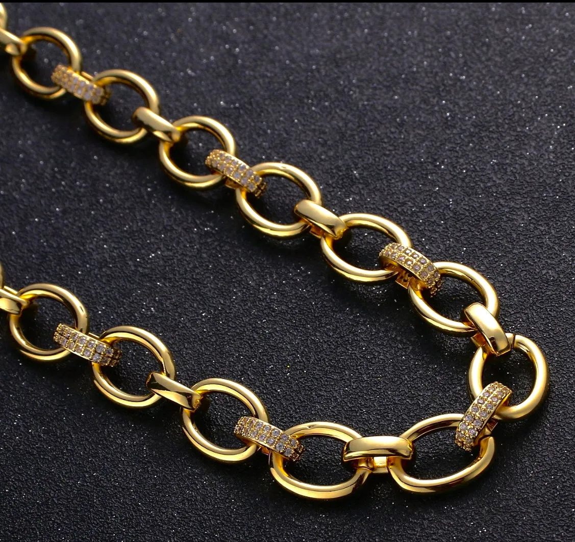 18k Gold-Filled Chunky Rolo Cable & Pave Crystal Gold Chain Necklace