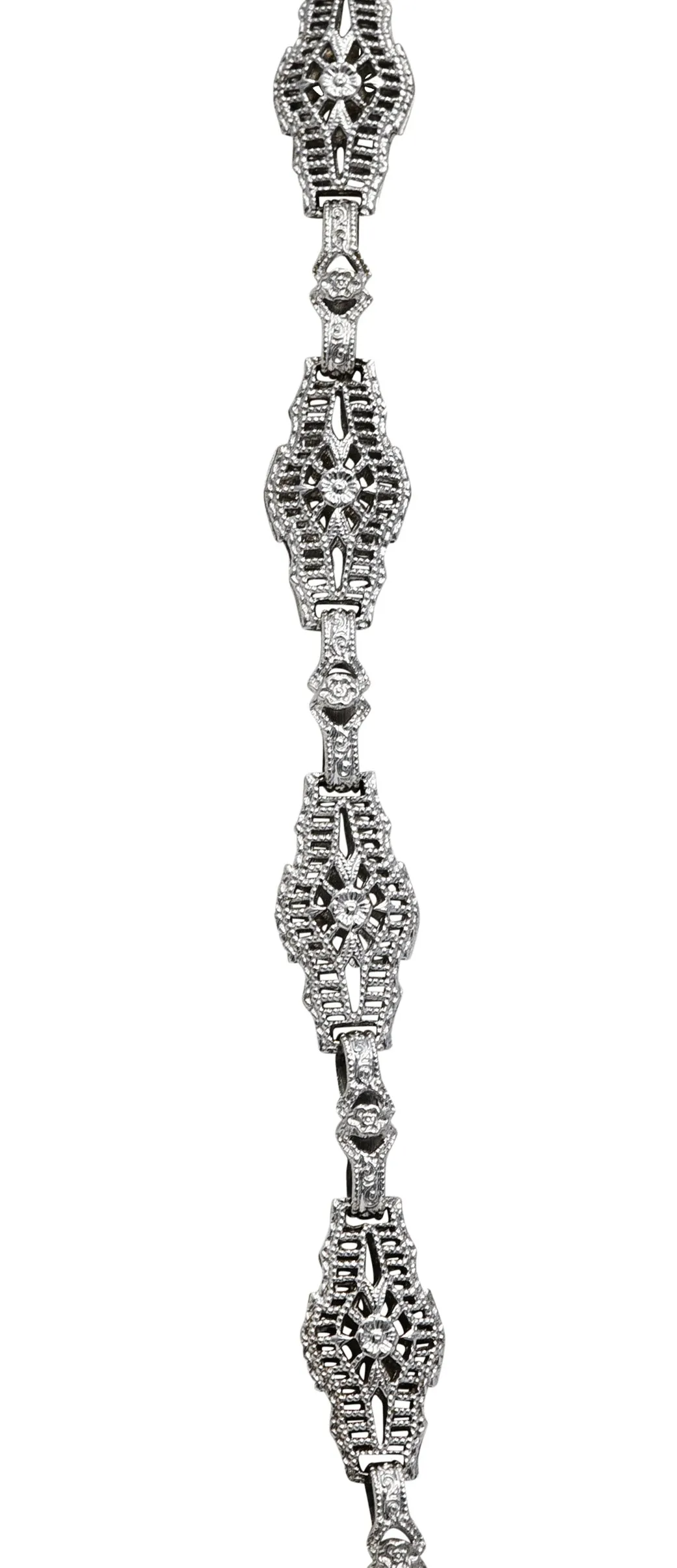 1920's Art Deco Camphor Glass Diamond 14 Karat White Gold Drop Necklace