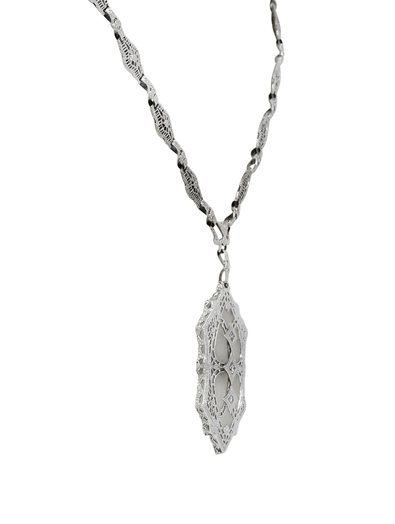 1920's Art Deco Camphor Glass Diamond 14 Karat White Gold Drop Necklace