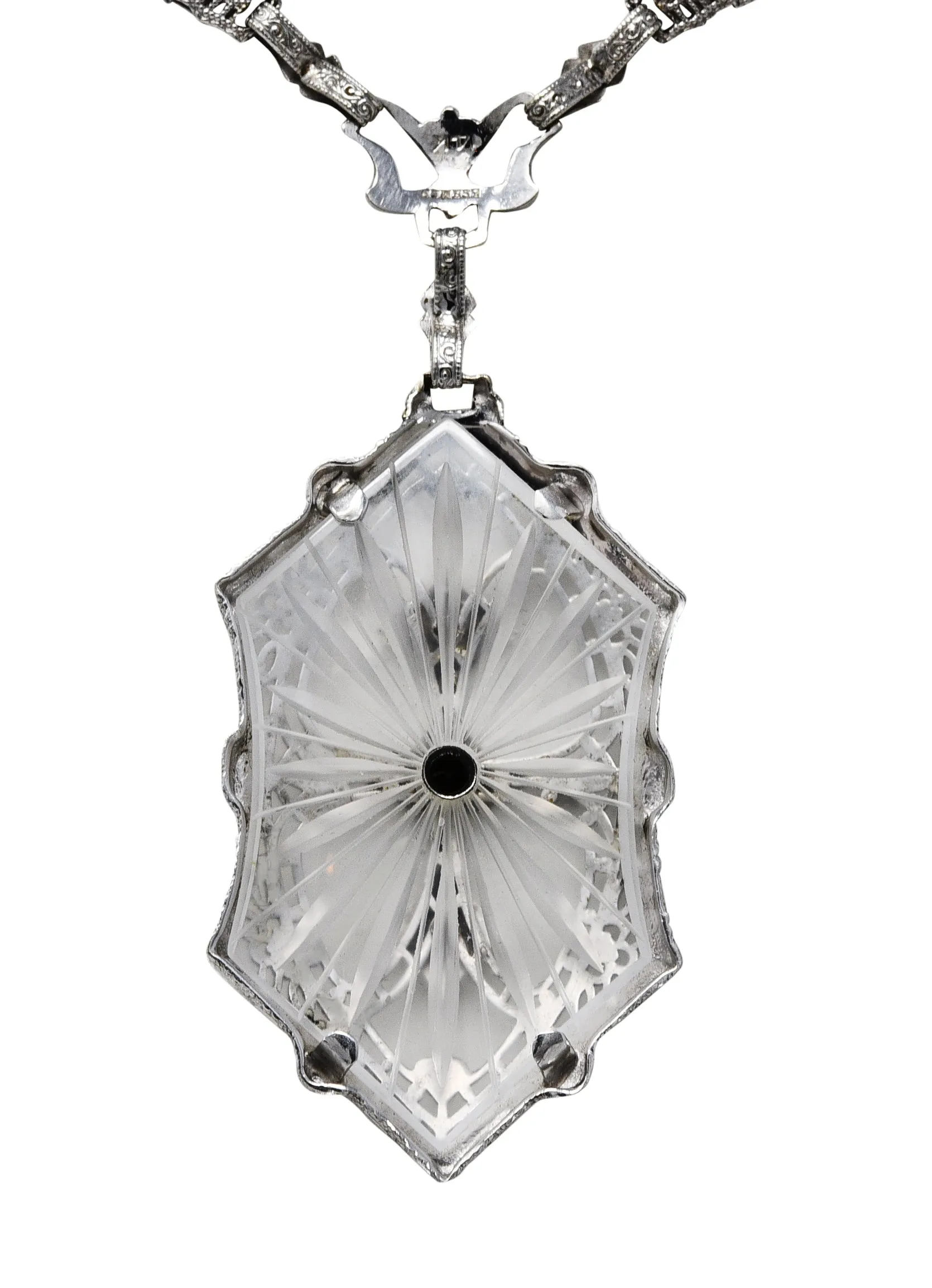 1920's Art Deco Camphor Glass Diamond 14 Karat White Gold Drop Necklace