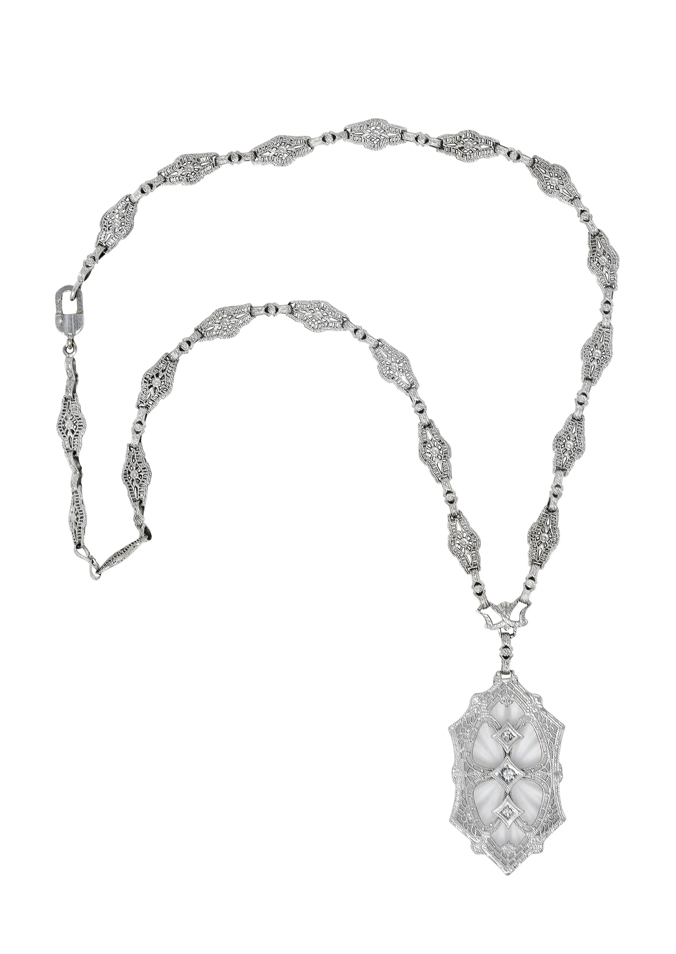 1920's Art Deco Camphor Glass Diamond 14 Karat White Gold Drop Necklace
