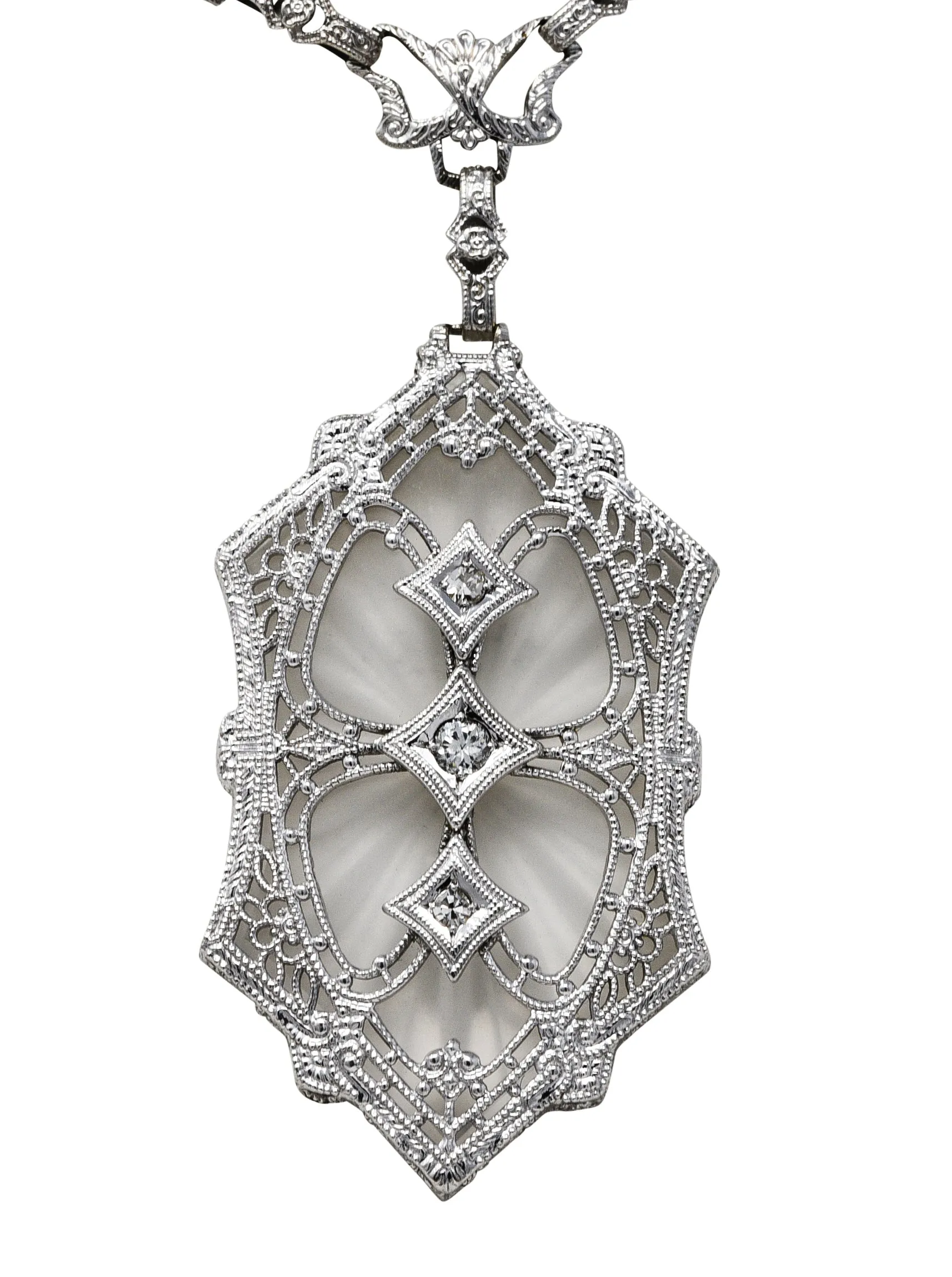 1920's Art Deco Camphor Glass Diamond 14 Karat White Gold Drop Necklace