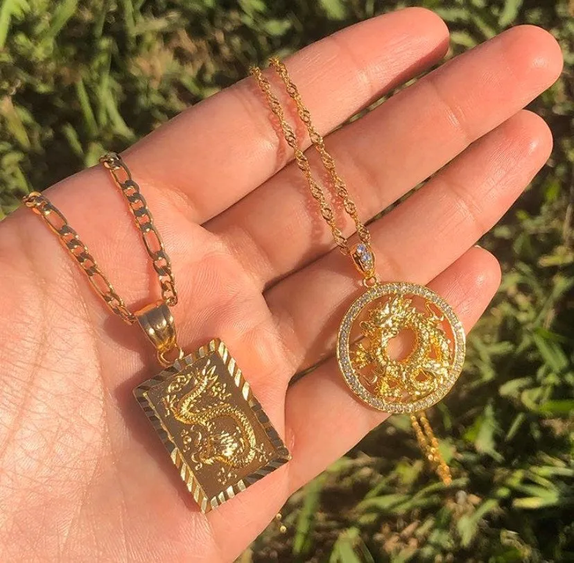 2 piece SET Dragon necklace , 18k gold plated dragon pendant , dragon charm , dragon jewelry ,fantasy necklace men