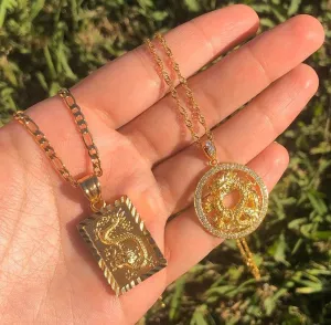 2 piece SET Dragon necklace , 18k gold plated dragon pendant , dragon charm , dragon jewelry ,fantasy necklace men