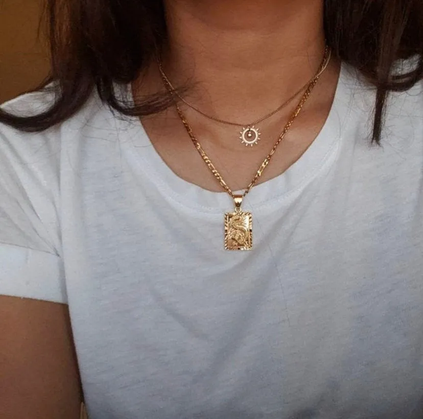 2 piece SET Dragon necklace , 18k gold plated dragon pendant , dragon charm , dragon jewelry ,fantasy necklace men