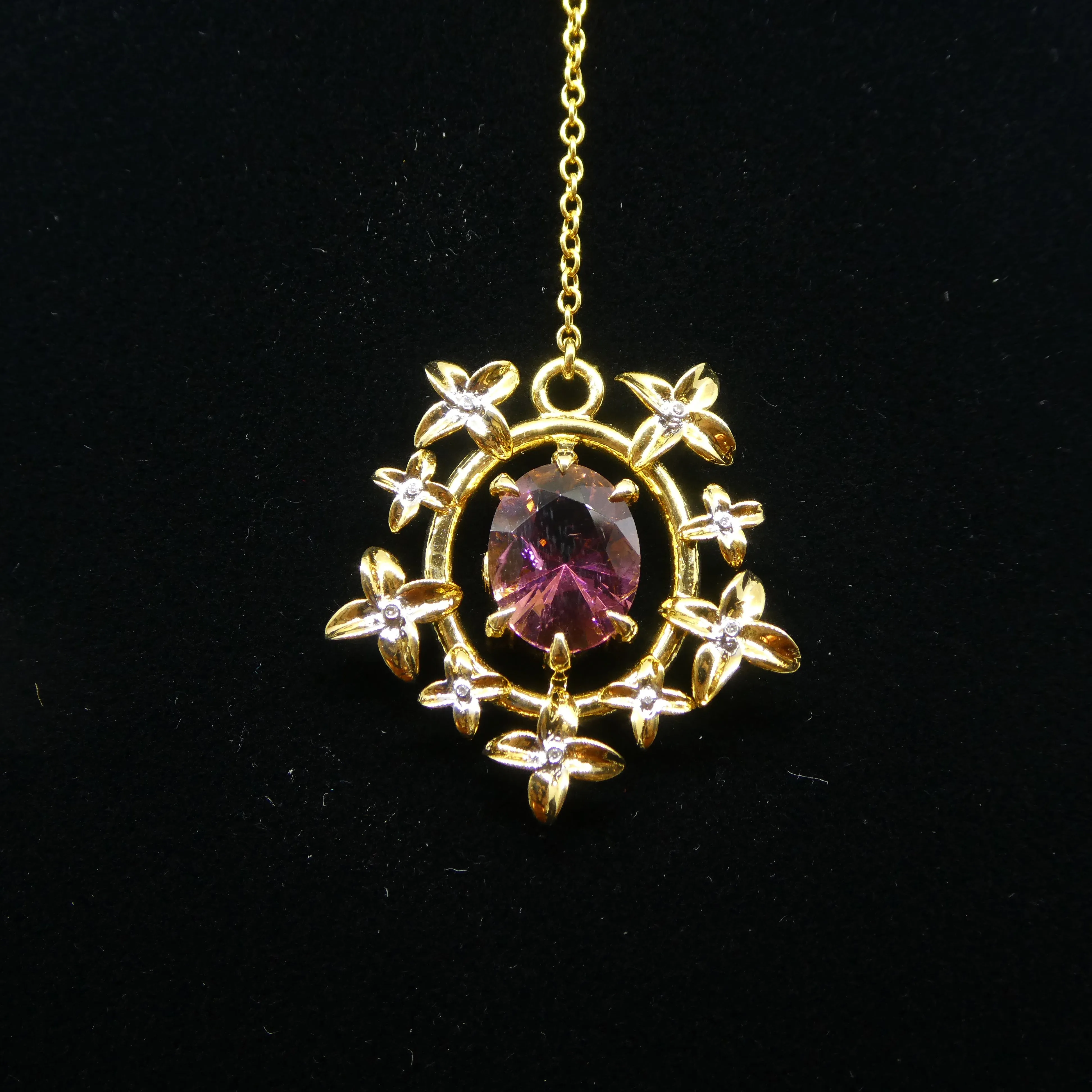 2.91ct Pink Tourmaline, Diamond Pendant set in 14k Yellow Gold, designed by Bella Jang
