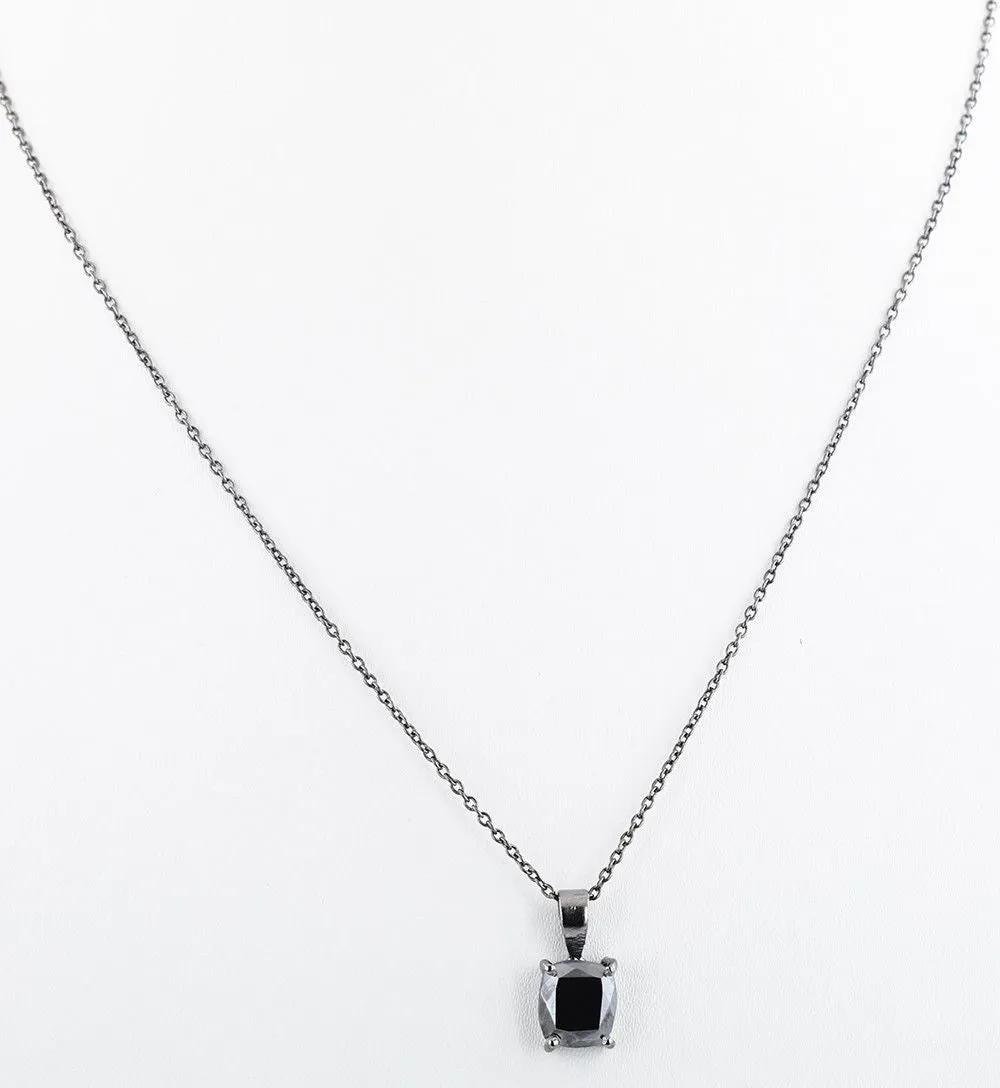 3 Ct Certified Black Diamond Cushion Cut Solitaire Pendant, Excellent Shine & Great Luster