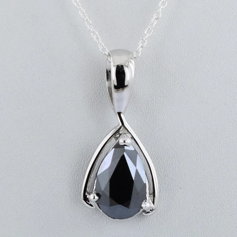 3Ct to 5Ct Pear Shape Black Diamond Solitaire Pendant in 925 Silver. AAA Certified- Amazing Collection