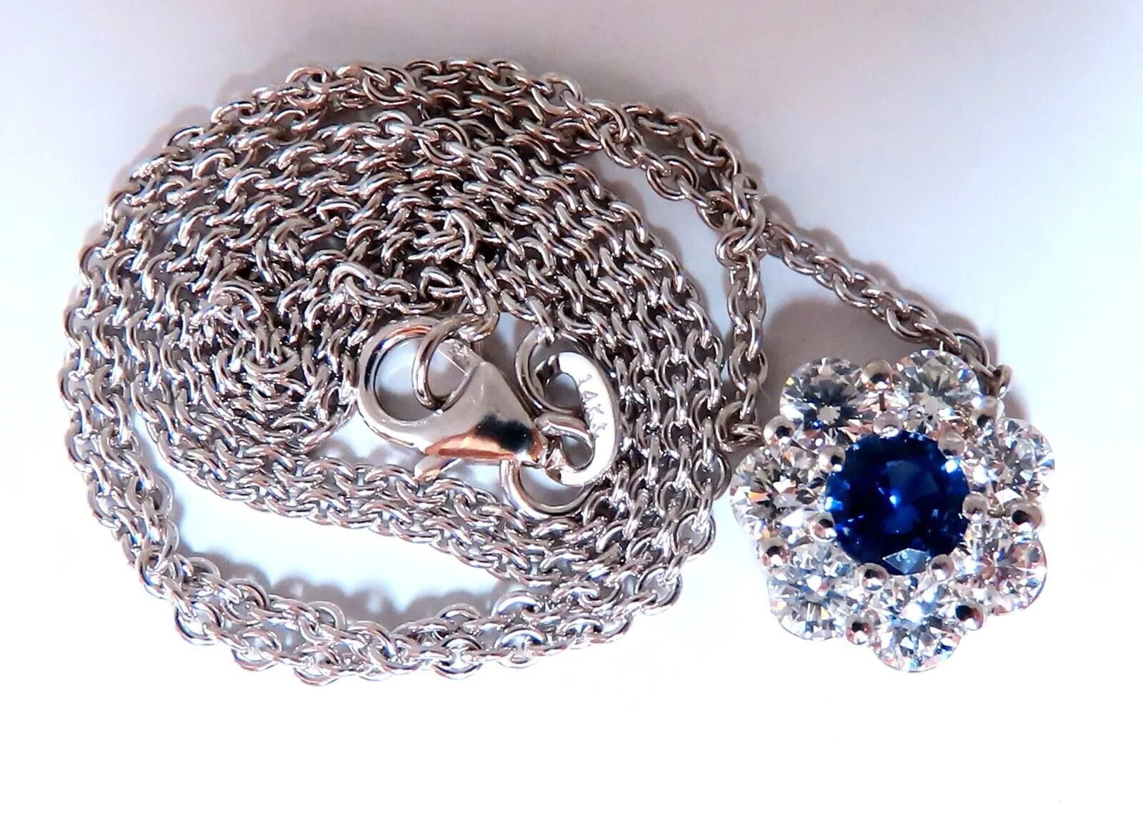 .62ct natural blue sapphire cluster diamond necklace 14kt