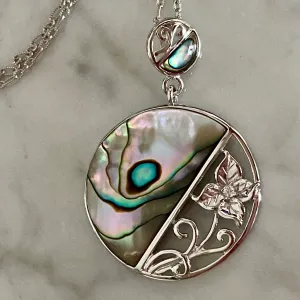 Abalone Shell & Silver Flower Pendant on 18" Textured Oval Link Chain / Rhodium-Plated Sterling Silver