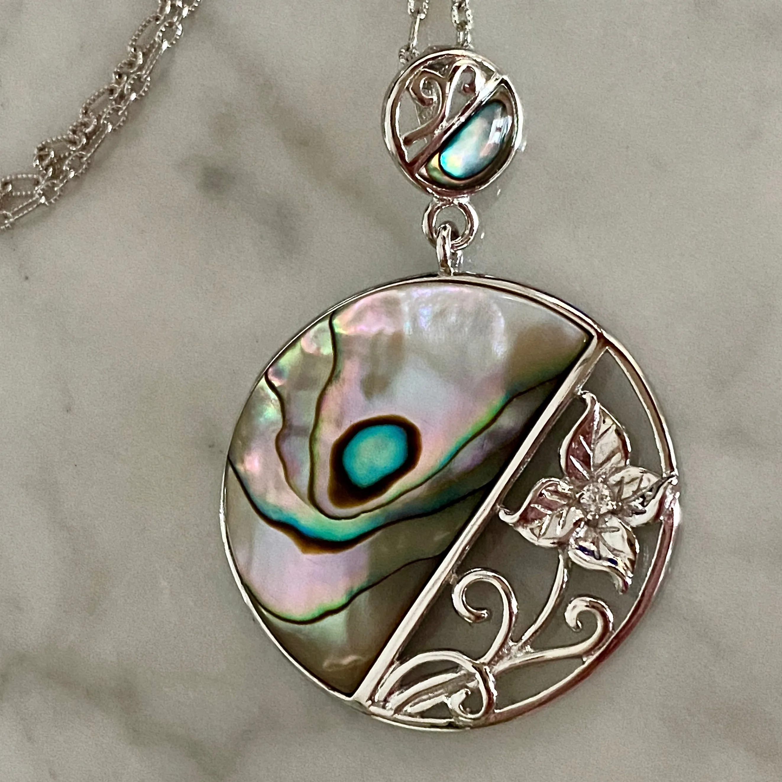 Abalone Shell & Silver Flower Pendant on 18" Textured Oval Link Chain / Rhodium-Plated Sterling Silver