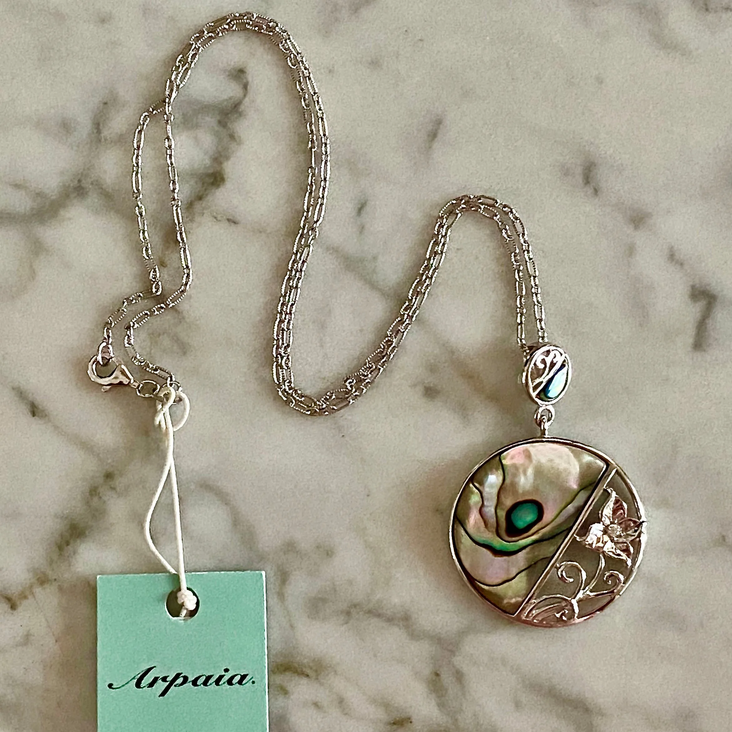 Abalone Shell & Silver Flower Pendant on 18" Textured Oval Link Chain / Rhodium-Plated Sterling Silver