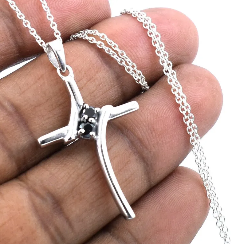 Amazing Black Diamond Cross Pendant in Sterling Silver, Great Shine & Excellent Luster.