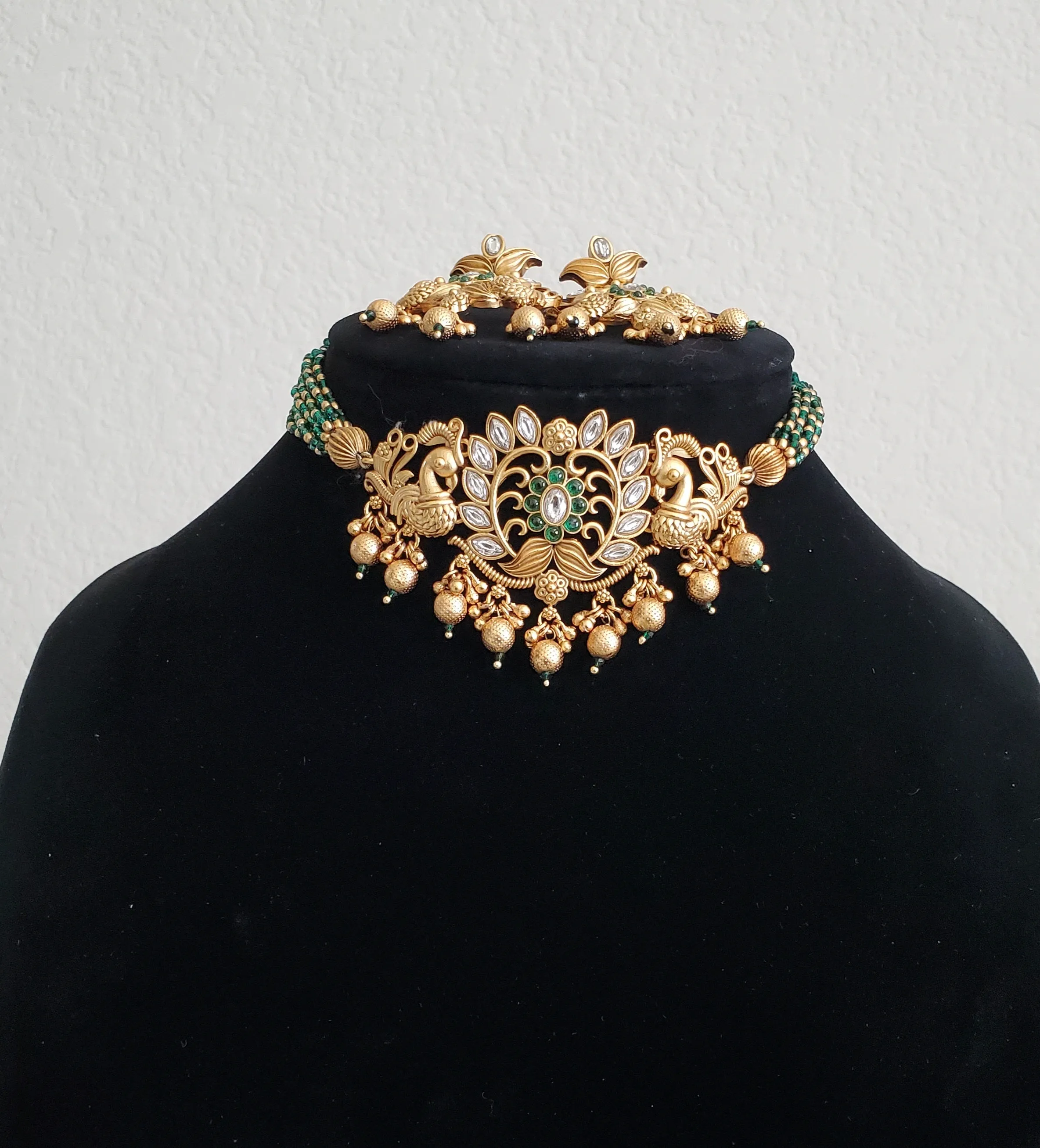 Antique Peacock Necklace With Matte Gold Plating