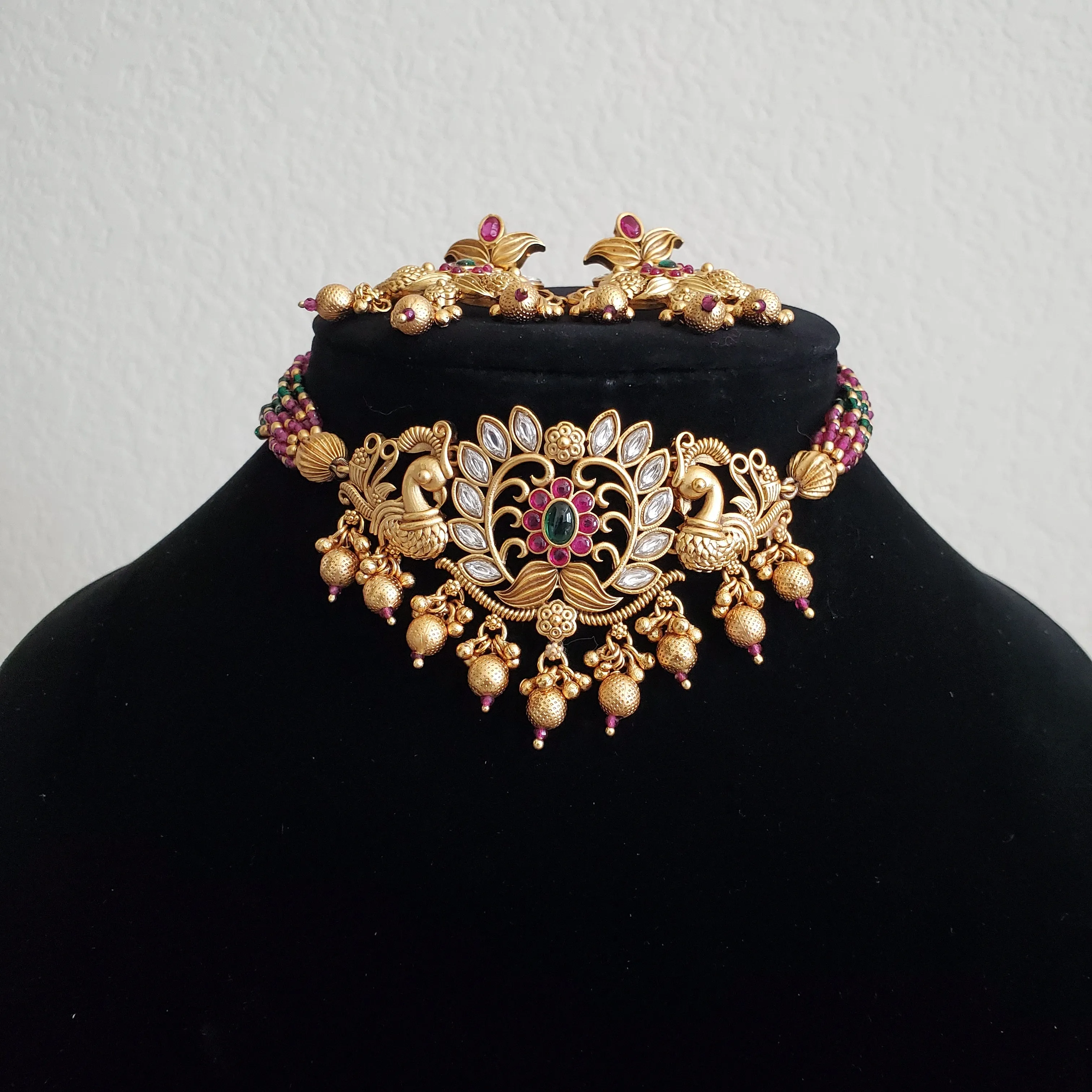 Antique Peacock Necklace With Matte Gold Plating