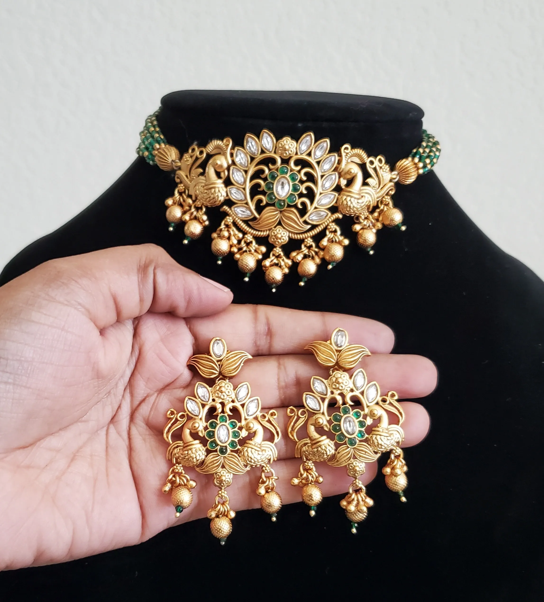 Antique Peacock Necklace With Matte Gold Plating