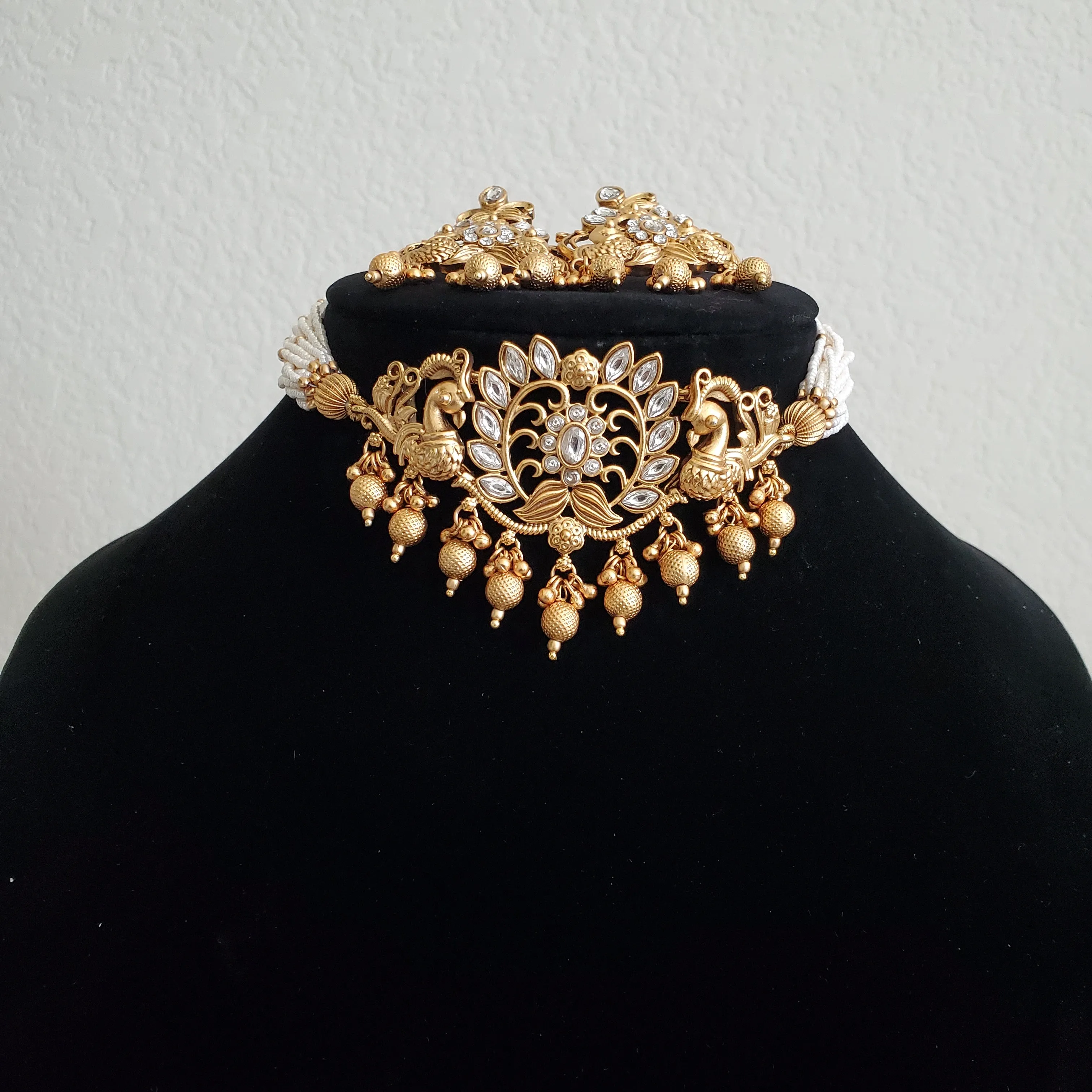 Antique Peacock Necklace With Matte Gold Plating