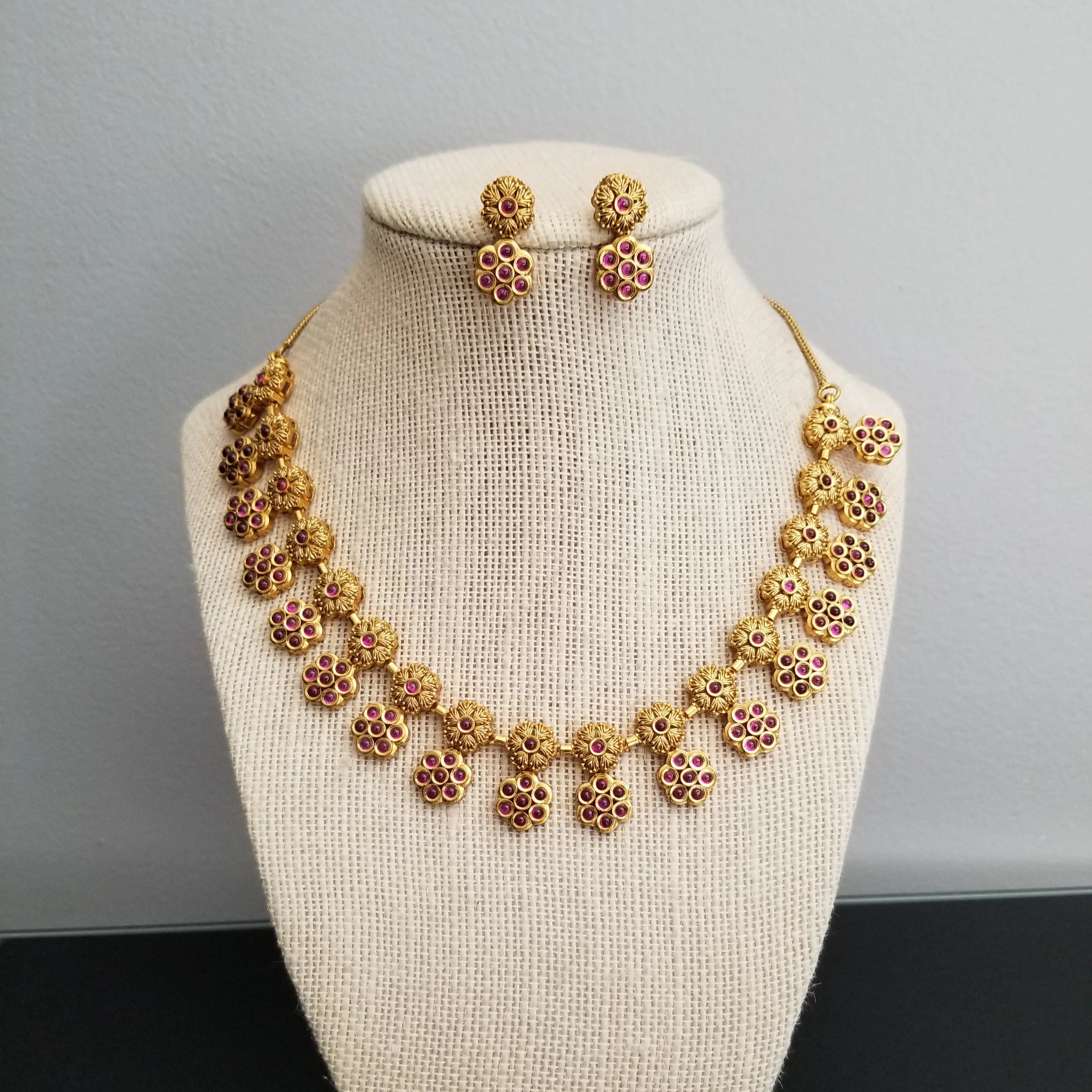 Antique South Indian Necklace With Matte Gold Plating FL20