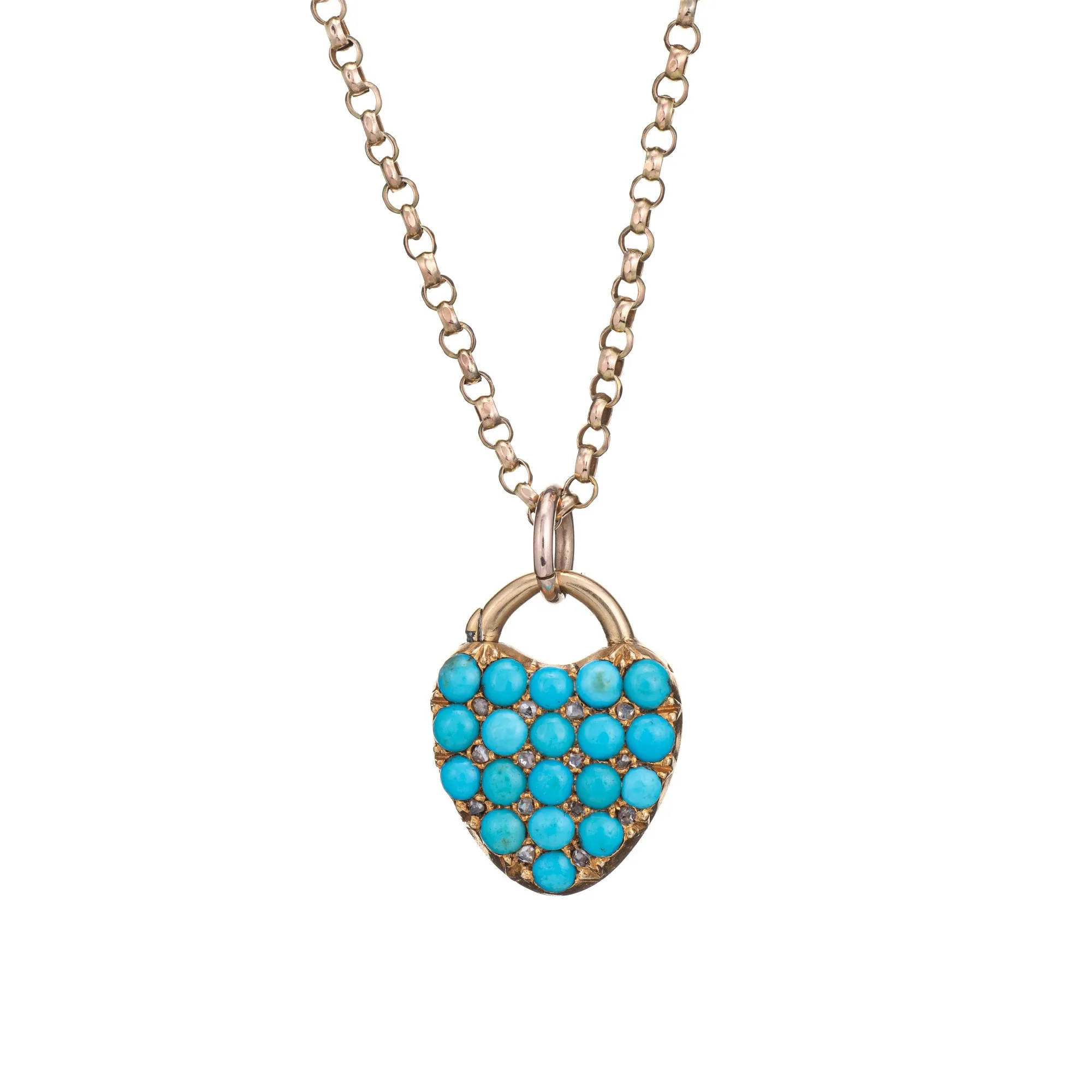 Antique Victorian Turquoise Diamond Necklace Heart Locket 15k Belcher Link