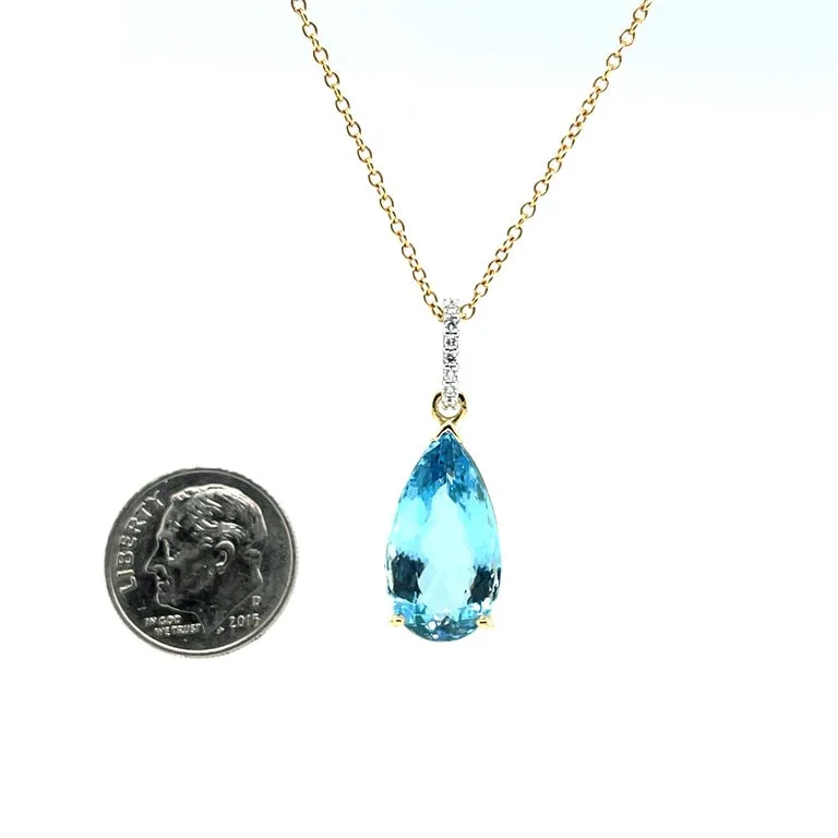 Aquamarine and Diamond Pendant, 8.28 Carat Pear Shape in Yellow and White Gold