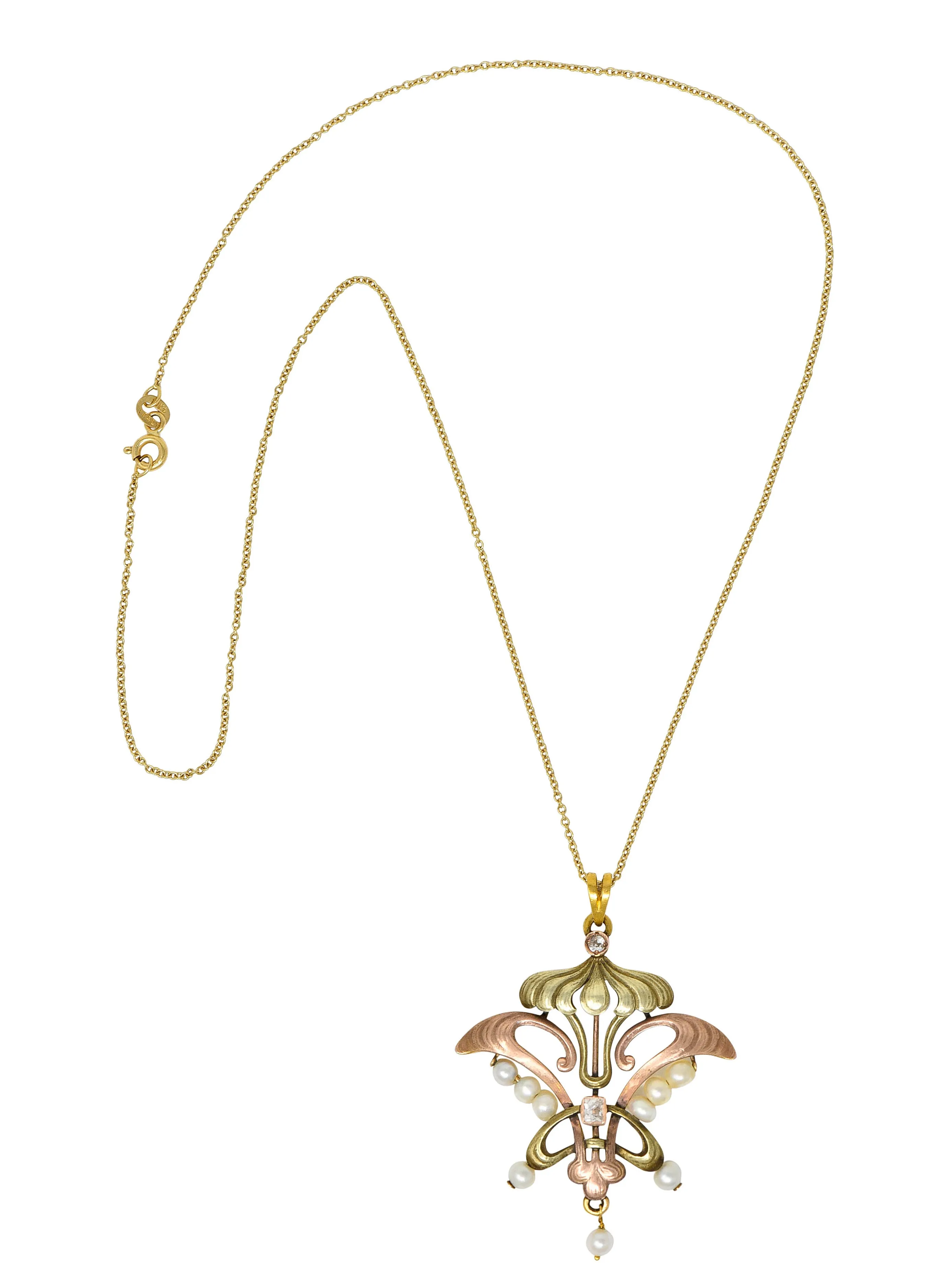 Art Nouveau Diamond Pearl 14 Karat Tri-Colored Gold Whiplash Pendant Necklace